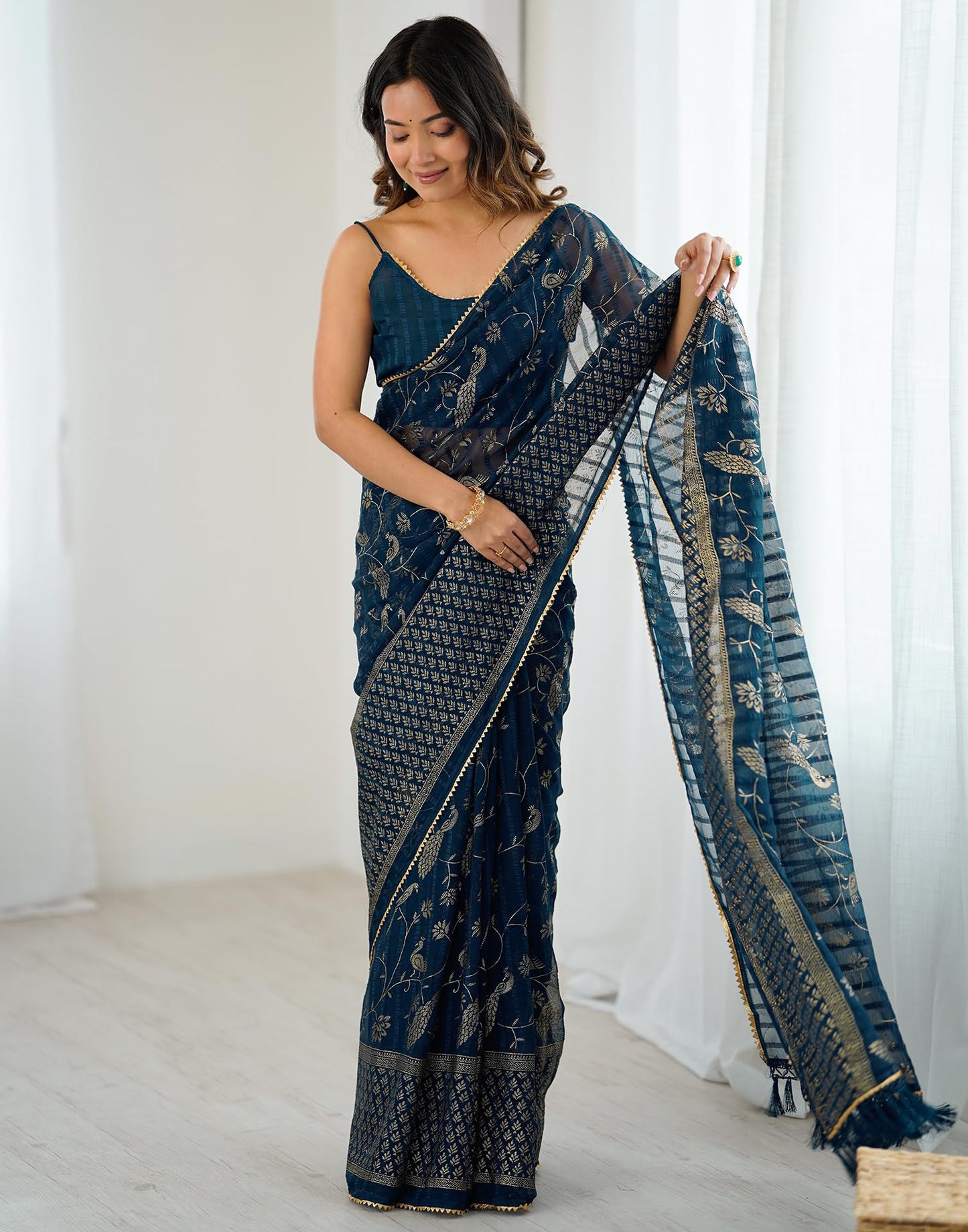 SIRIL Women's Georgette Foil with Floral Print & Weaving Saree with Unstitched blouse (4742S822_Blue)