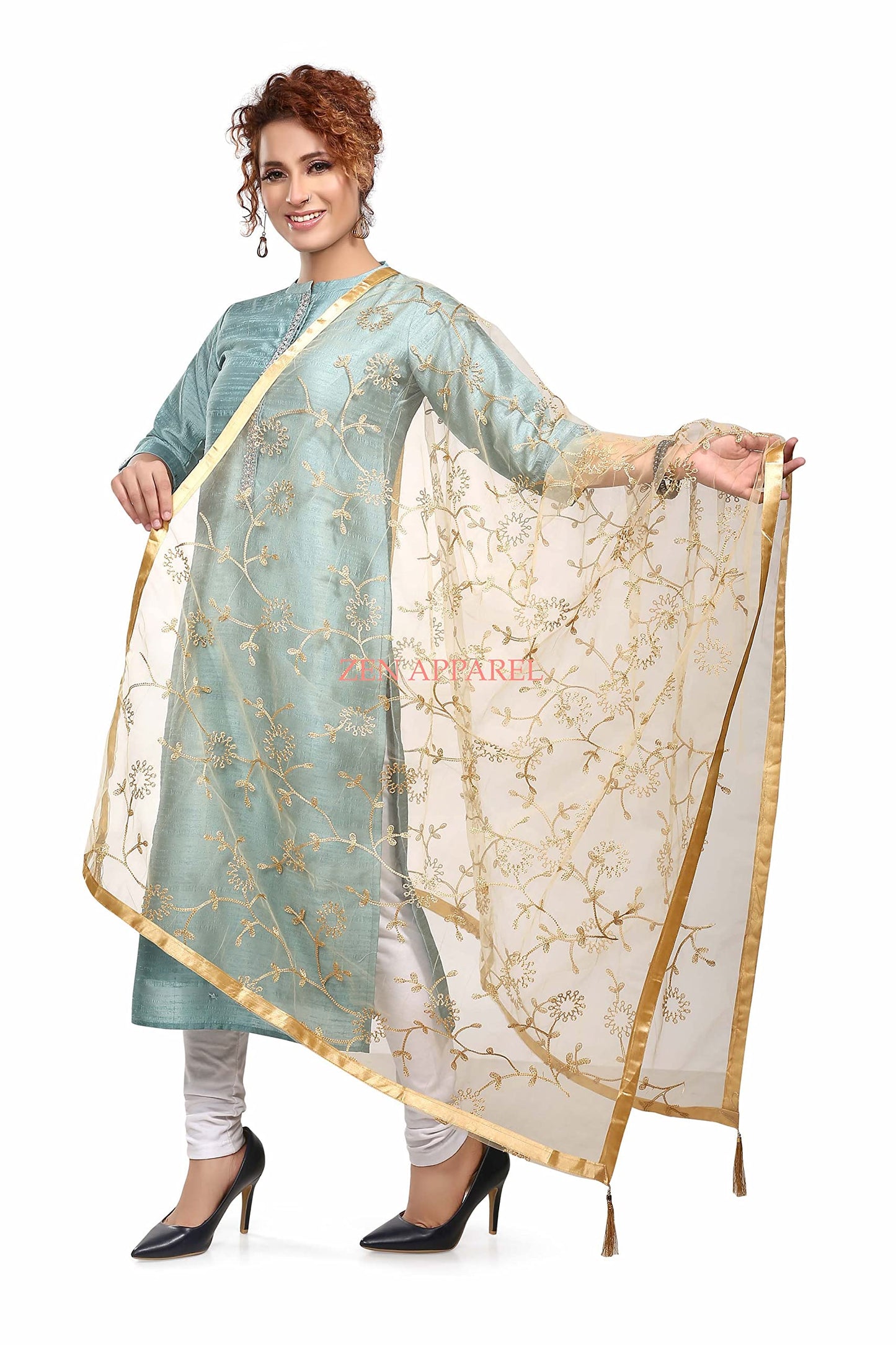 ZEN APPAREL Women's Embroidered Golden Net Dupatta With Lace Borders (Gold Z-101) (Gold)