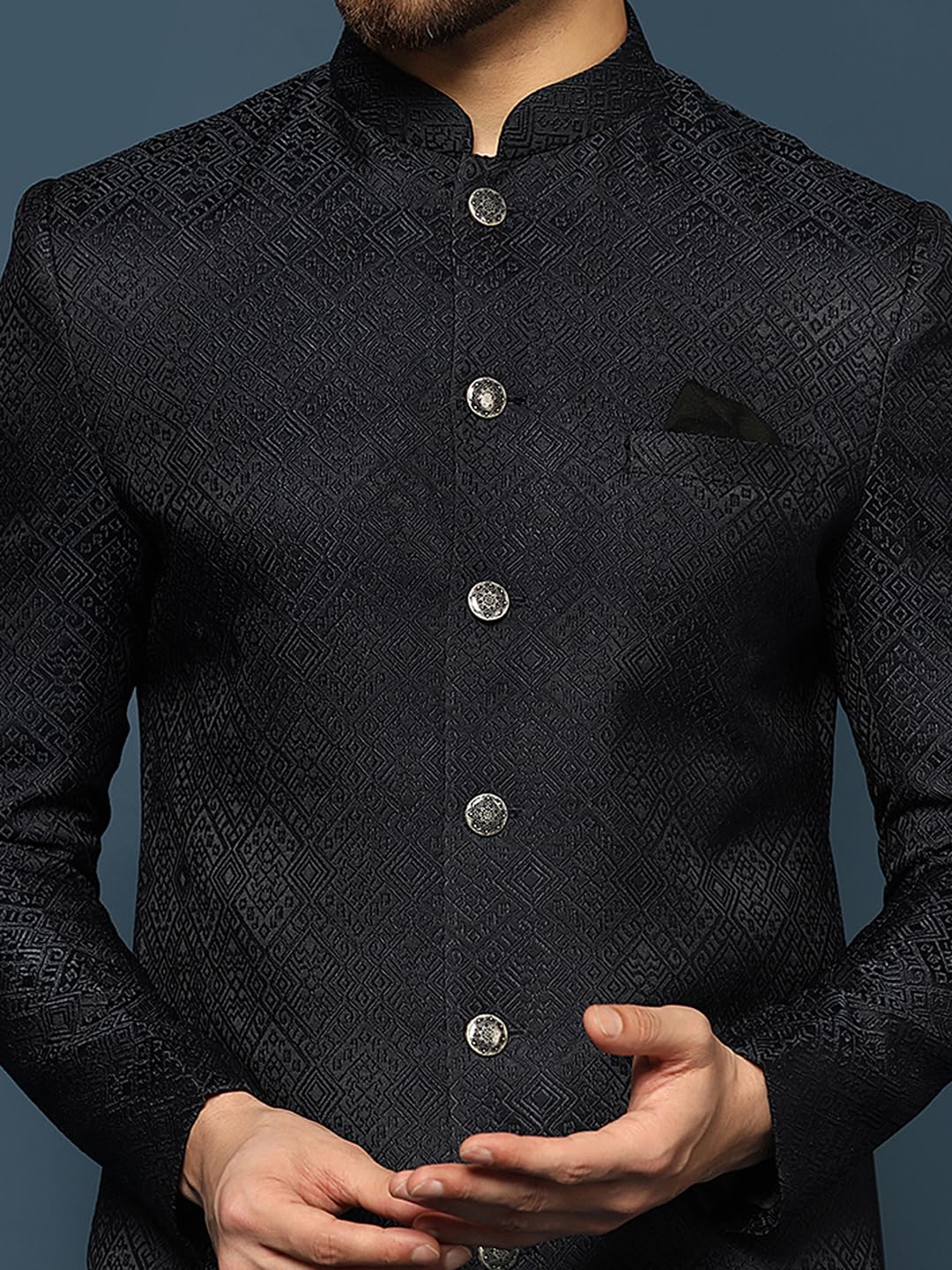 KISAH Men's Navy Blue Sherwani Trousers Set, Cotton Full Sleaves, Knee Length, Straight, Regular Fit, Mandarin Collar Ethnic Wear