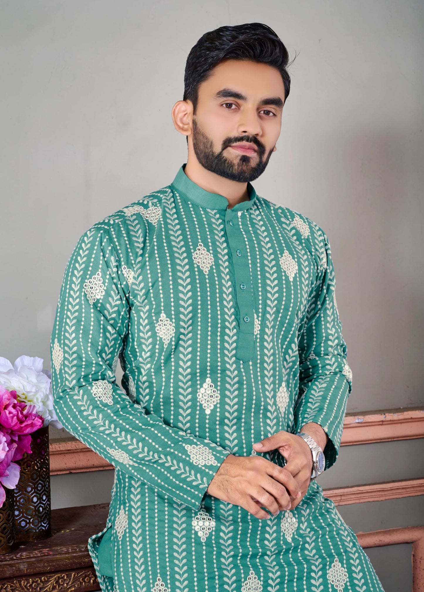 LAZZLY Sequin Embroidered Pure Cotton Kurta for Men | Knee Length | Festival | Ethnic Wear | Mirror Kurta | (in, Alpha, M, Regular, Pee_Rama)