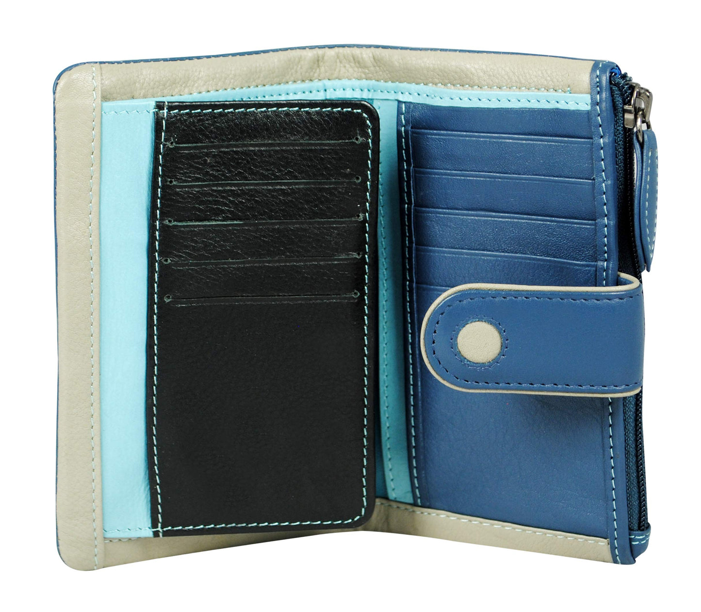 Women's Genuine Leather Wallet-Long Purse Wallet with Multiple Card Slots,Zip Pocket and Note Compartment-Dark Brown Leather Clutch Wallet by Calfnero (Blue-Multi)