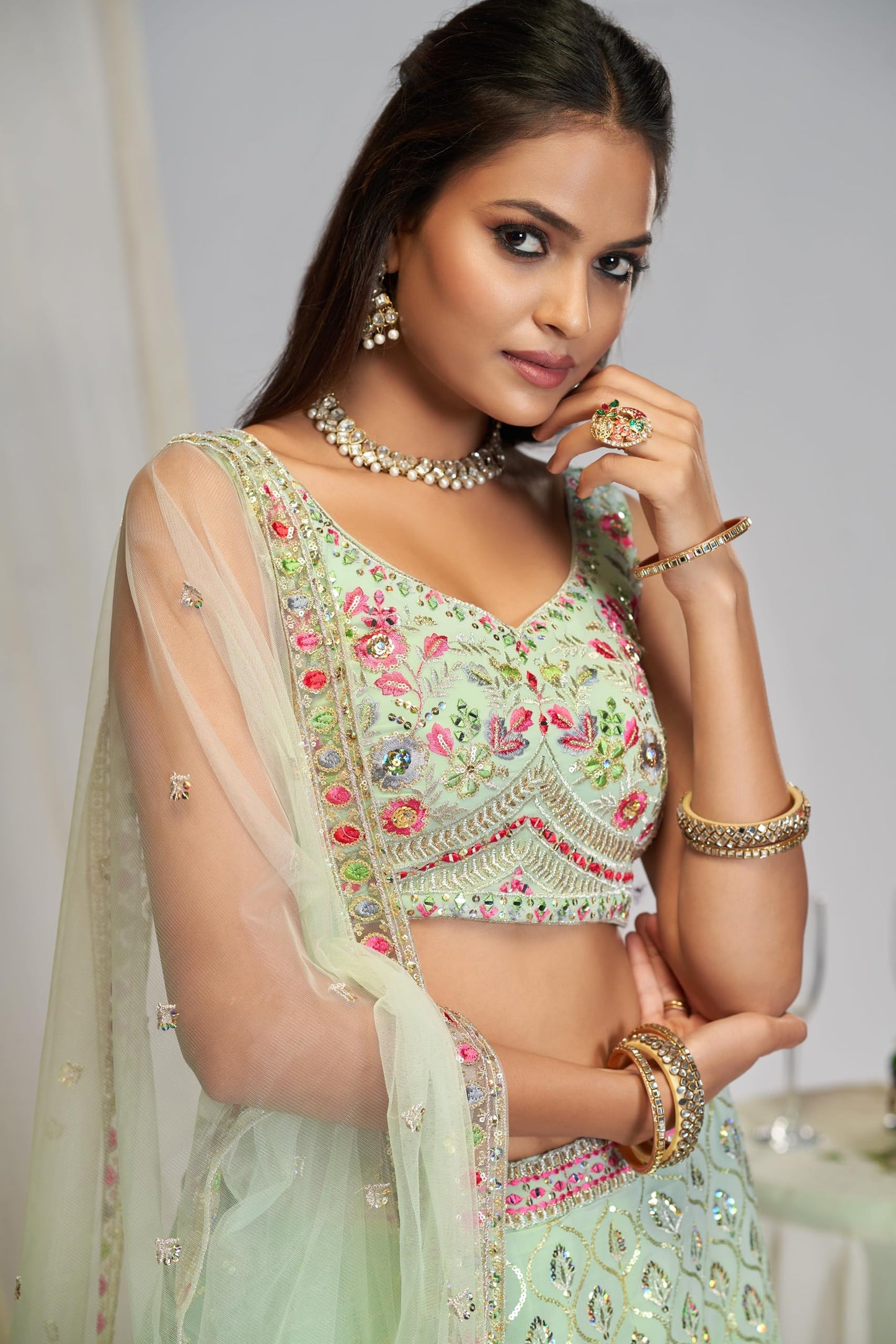 JIHU CULUTURE Pista green thread embroidery georgette Semi-Stitched lehenga choli with dupatta For Women
