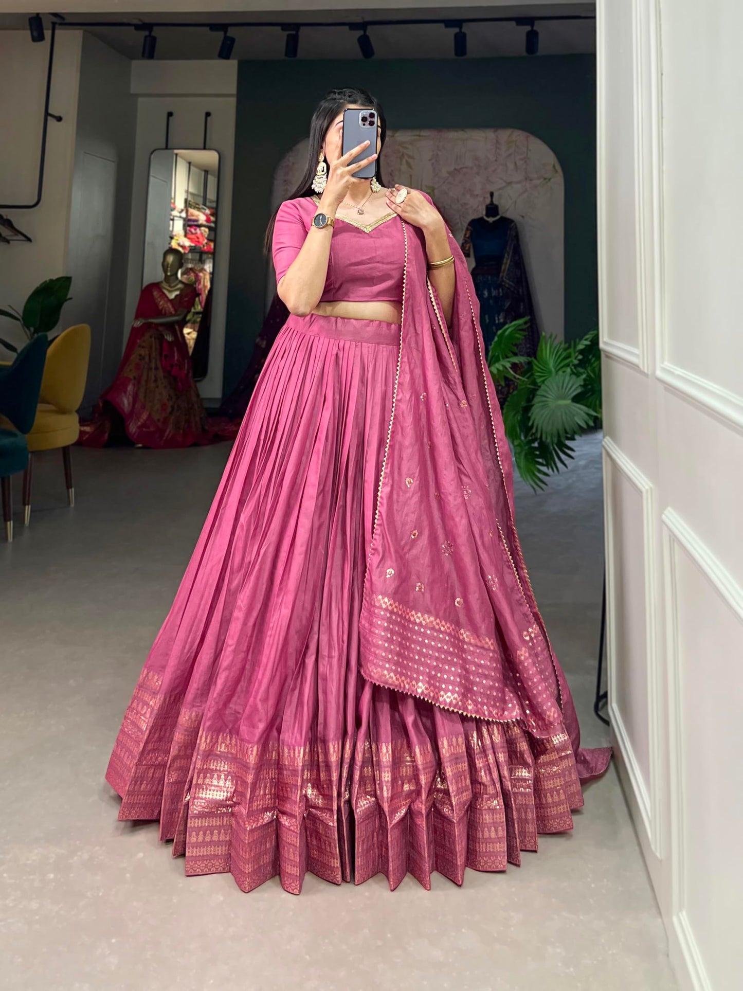 LooknBook Art Women's Plain Chanderi With Zari Weaving Work Border Lehenga Choli (Pink)