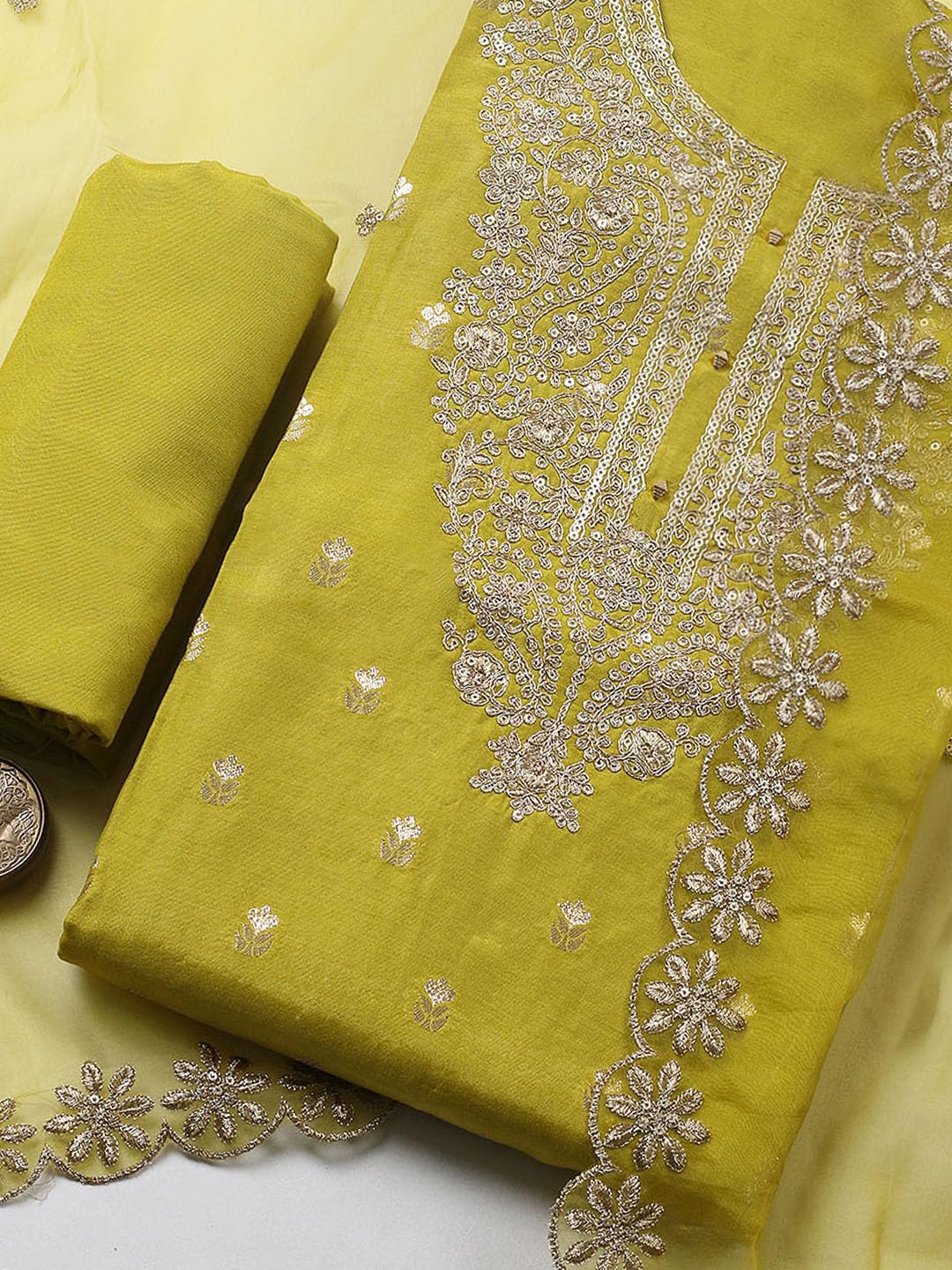 Meena Bazaar Green Embroidered Chanderi Unstitched Suit With Pant & Dupatta