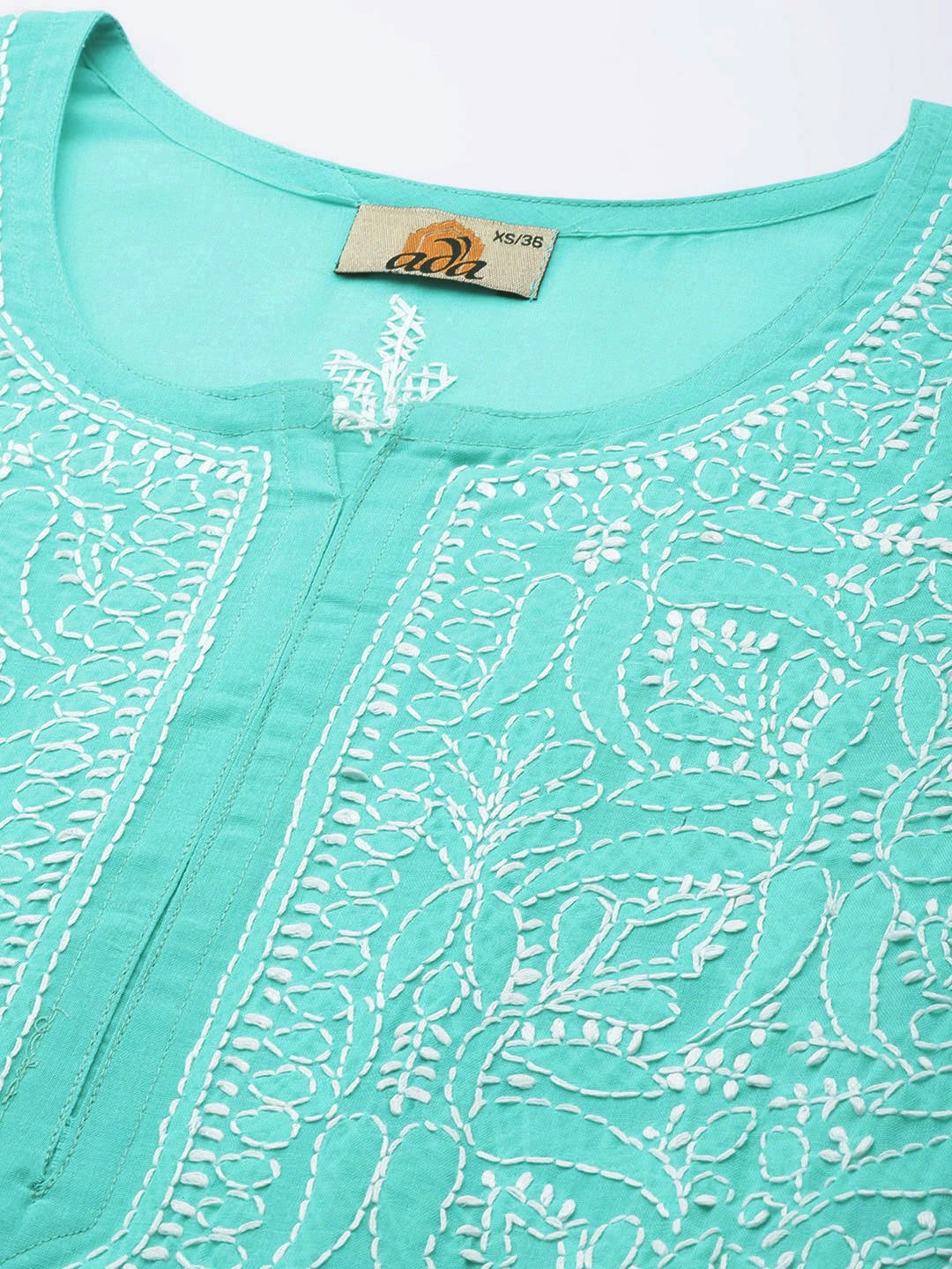 Ada Lucknowi Hand Embroidered Chikankari Sea Green Cotton Top Tunic Kurti for Women A911282 (XL)