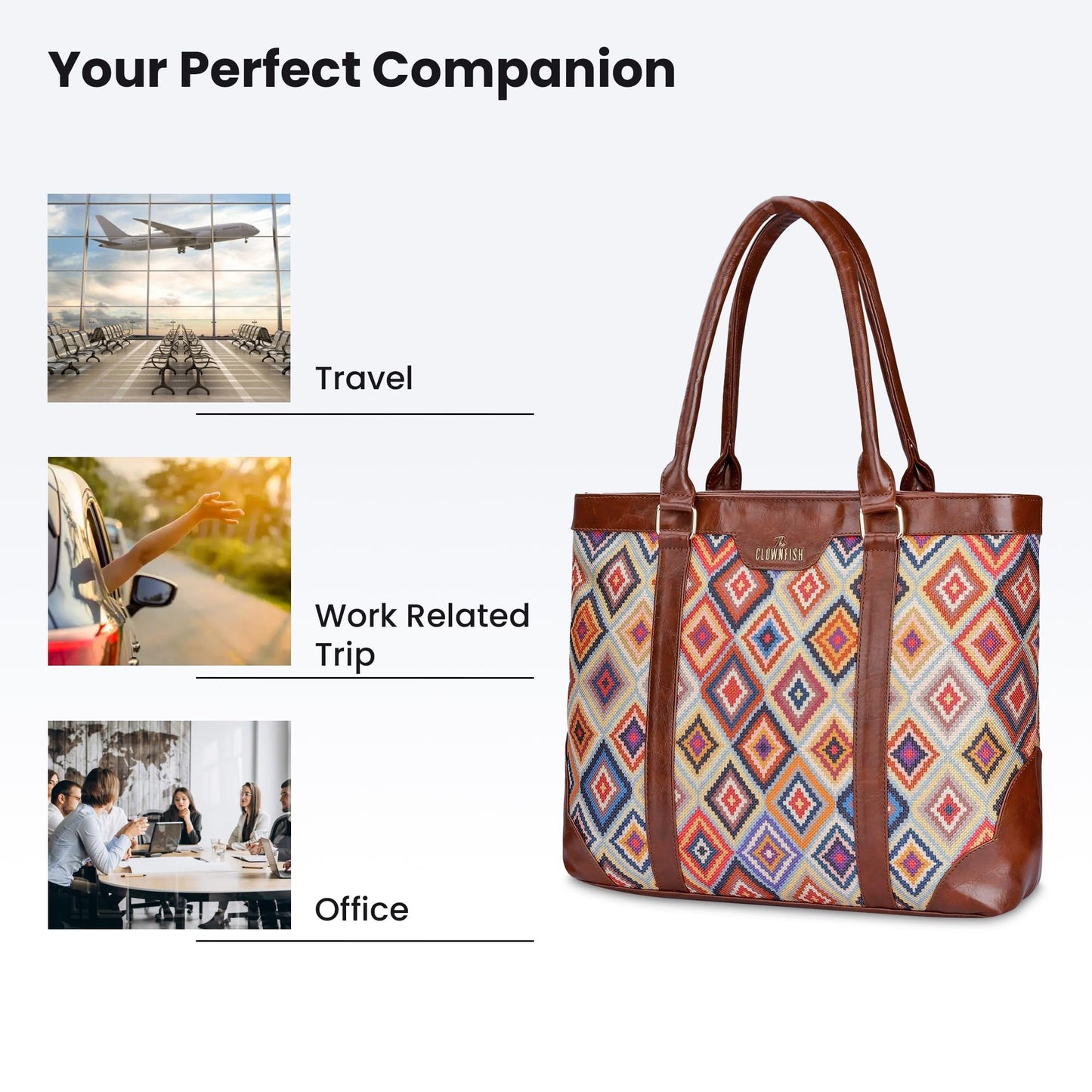 THE CLOWNFISH Miranda Series 15.6 inch Laptop Bag For Women Printed Handicraft Fabric & Faux Leather Office Bag Briefcase Hand Messenger bag Tote Shoulder Bag (Multicolour-Diamond)