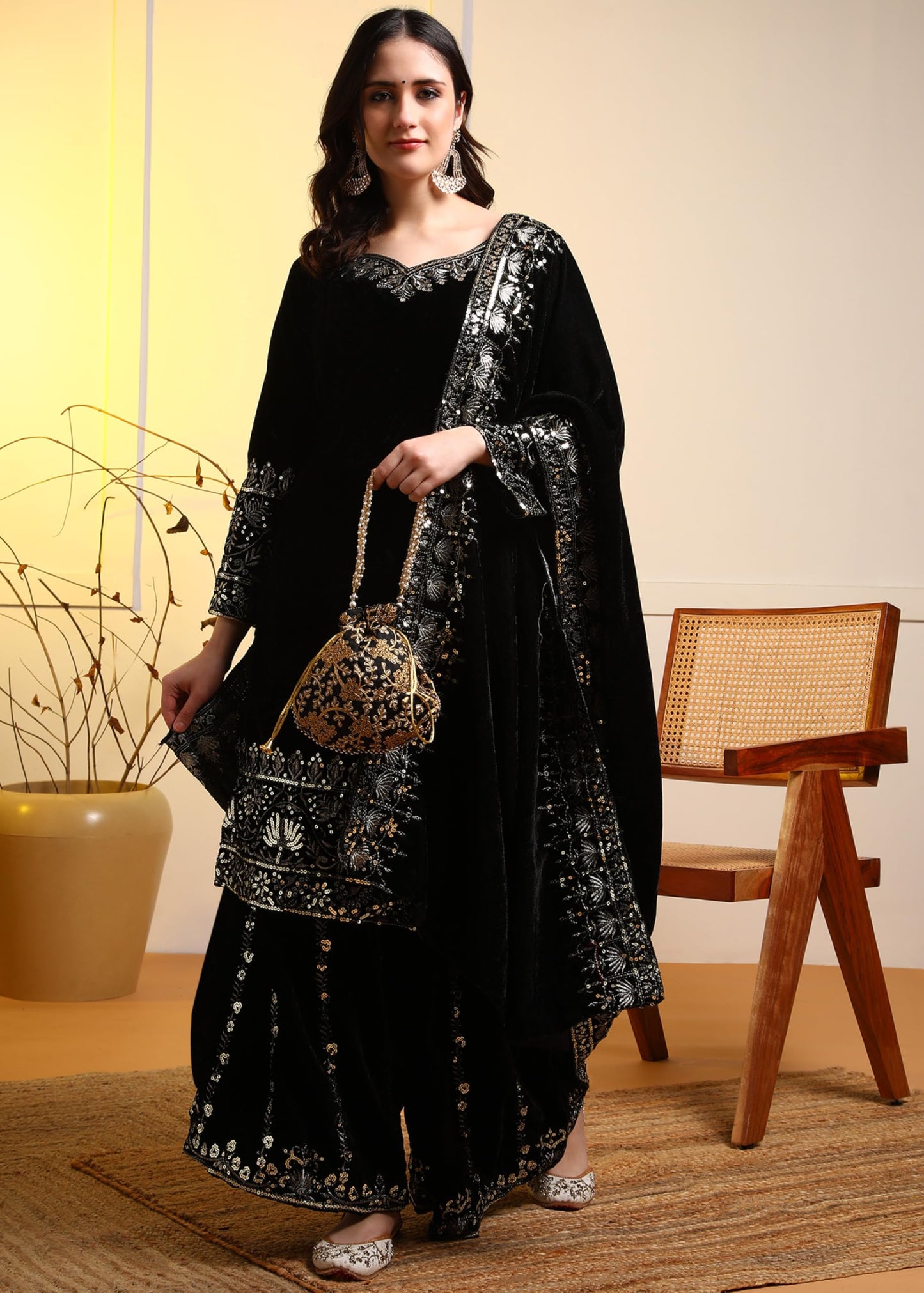 Brulry Women's Black Embroidered Velvet Kurta with Sharara & With Dupatta