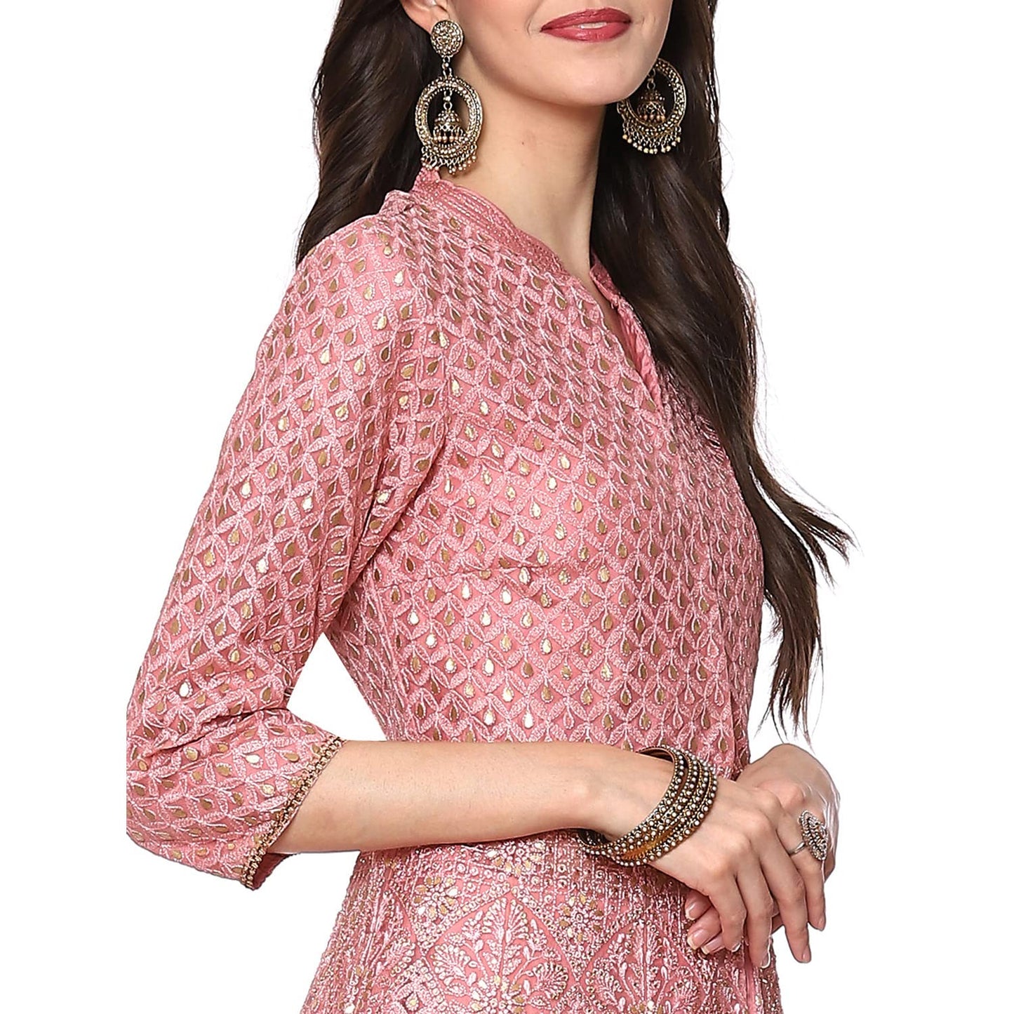BIBA WOMEN EMBROIDERY FLARED SALWAR KURTA DUPATTA(SKD6463_DSKY PINK_38)