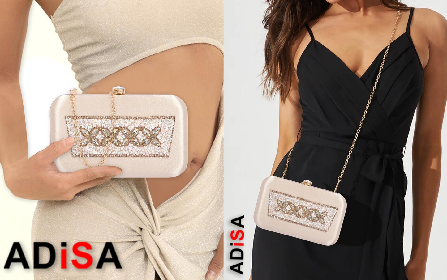 ADISA Beaded formal party clutch with gold chain for women and girls (CL108-GOL)