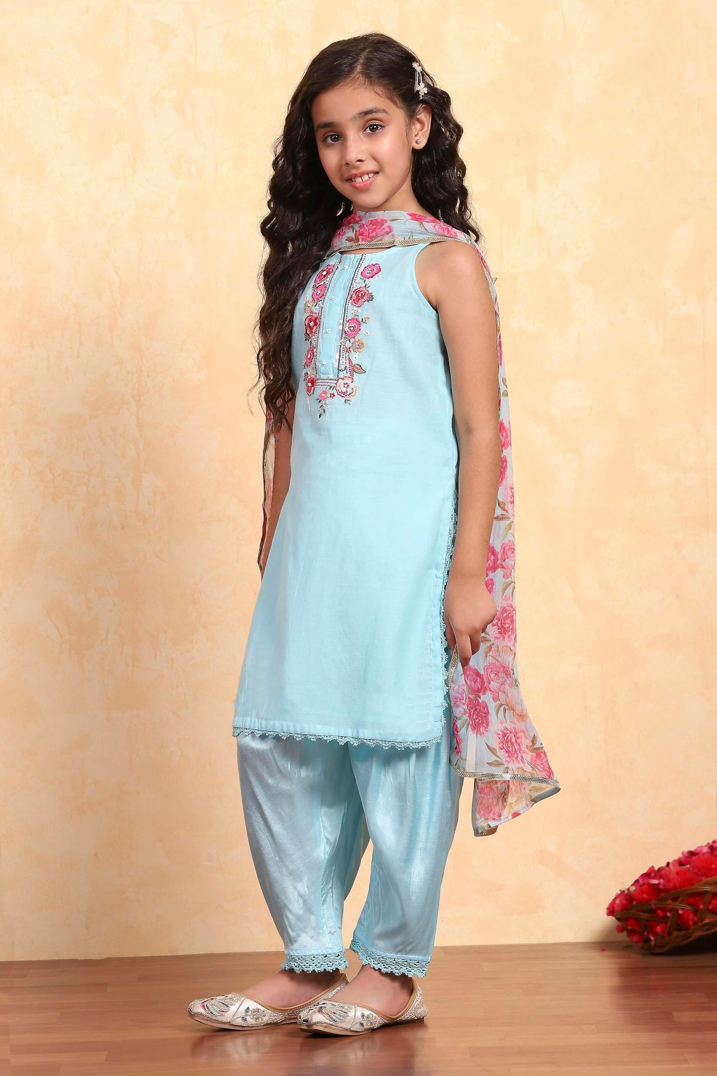 Biba Girl's Sky Blue Polyester Straight Solid Suit Set