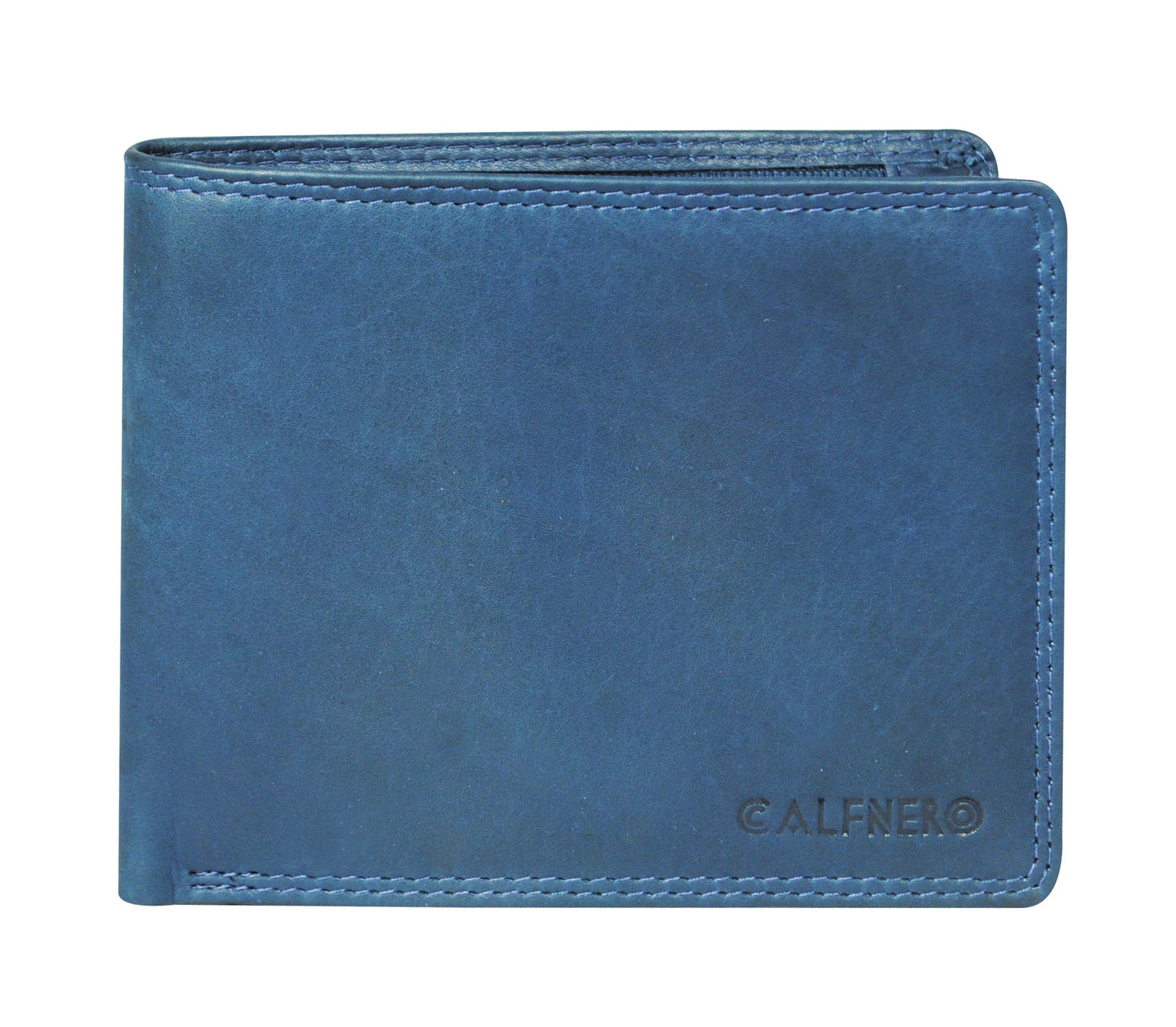 Calfnero Men's Genuine Leather Bifold Wallet-Multiple Card Slots ID Window with Coin Pocket-Navy Leather Wallet
