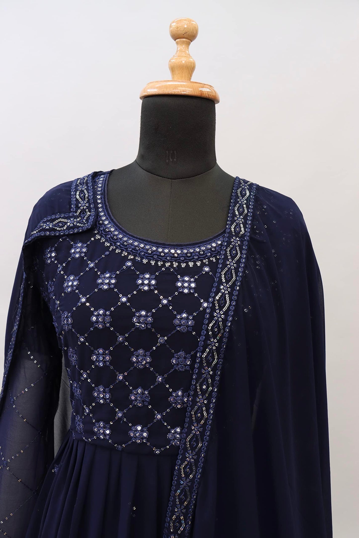 RUDRAPRAYAG Georgette Embroidered Free Size Maxi Anarkali Gown for Women (Navy Blue)