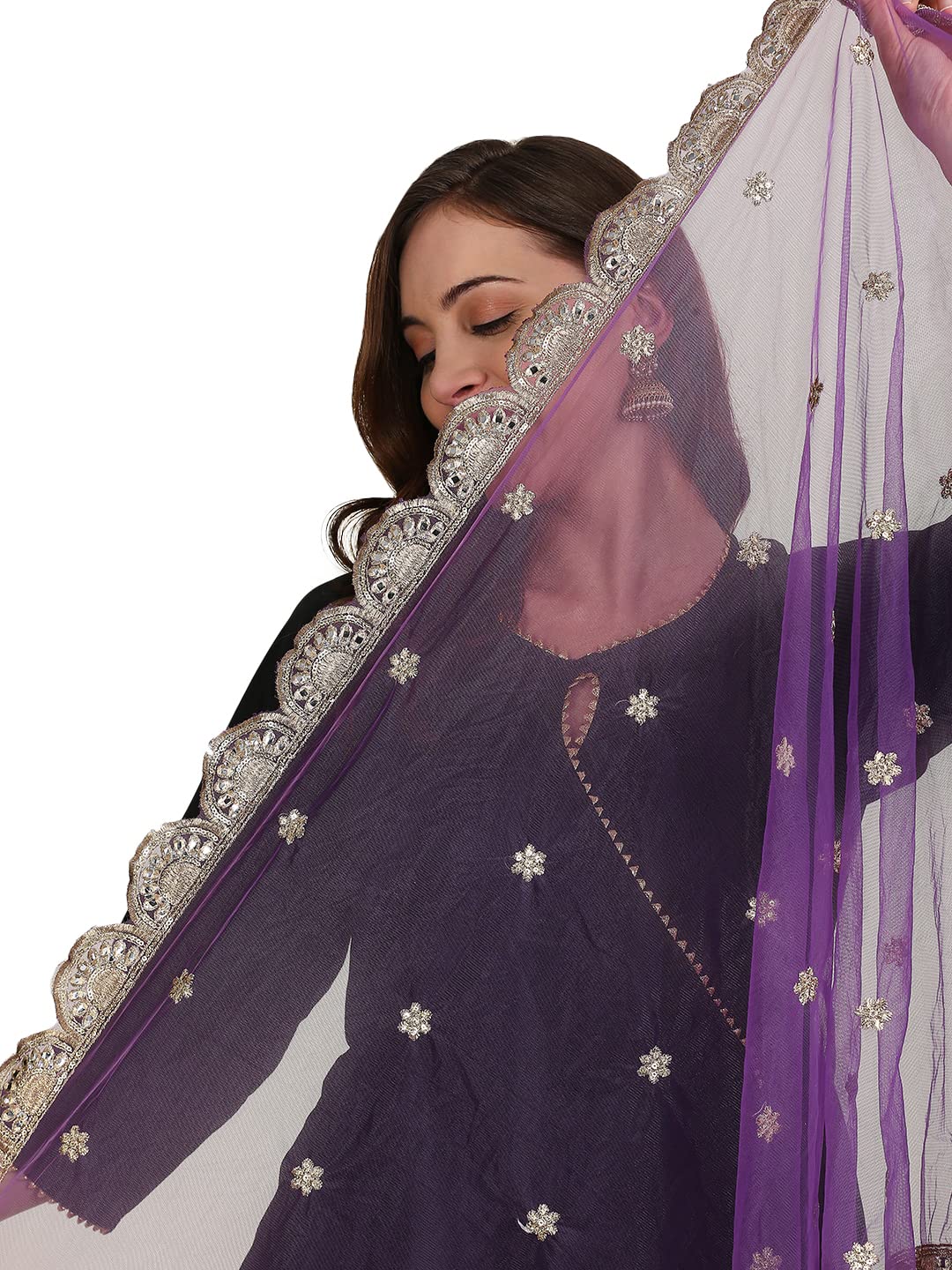 DUPATTA BAZAAR Women's Purple Embroidered Net Dupatta With Scallops, free size
