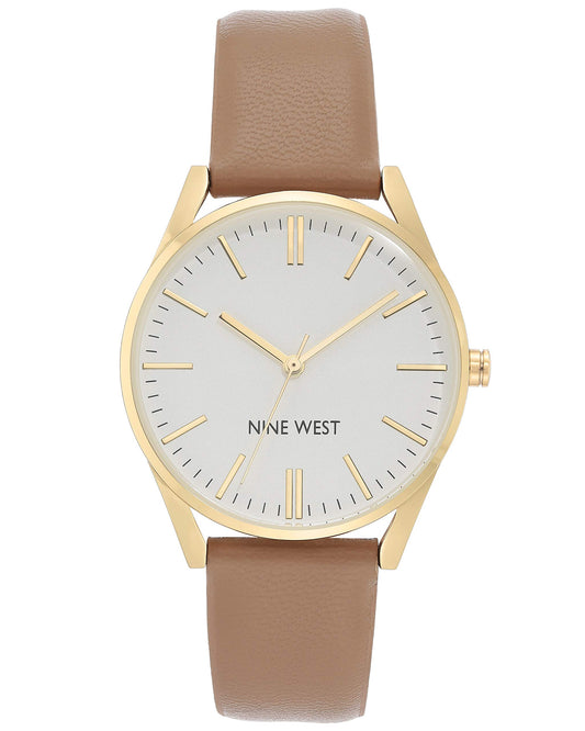 Nine West Women's Analog Quartz Dress Watch, Faux Leather Strap, Scratch-Resistant, Gold-Tone Hands, Brown, Model NW/1994SVTN