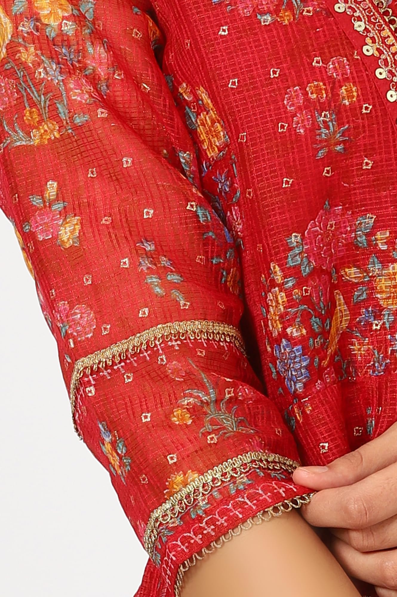 W for Woman Crimson Red Embroidered Flared Kota Kurta, Straight Pants and Dupatta (Size: 3XL)-24AUWS11760-124639