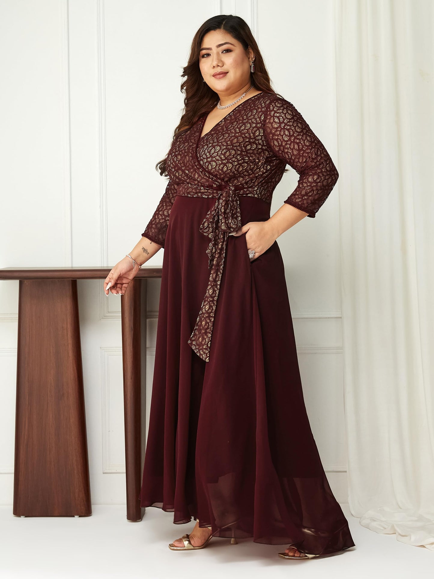 Miss Chase A+ Women's V-Neck 3/4 Sleeve Floral Wrap Maxi Dress (APSS21D14-67-758-08, Mulberry Wine, 3XL)