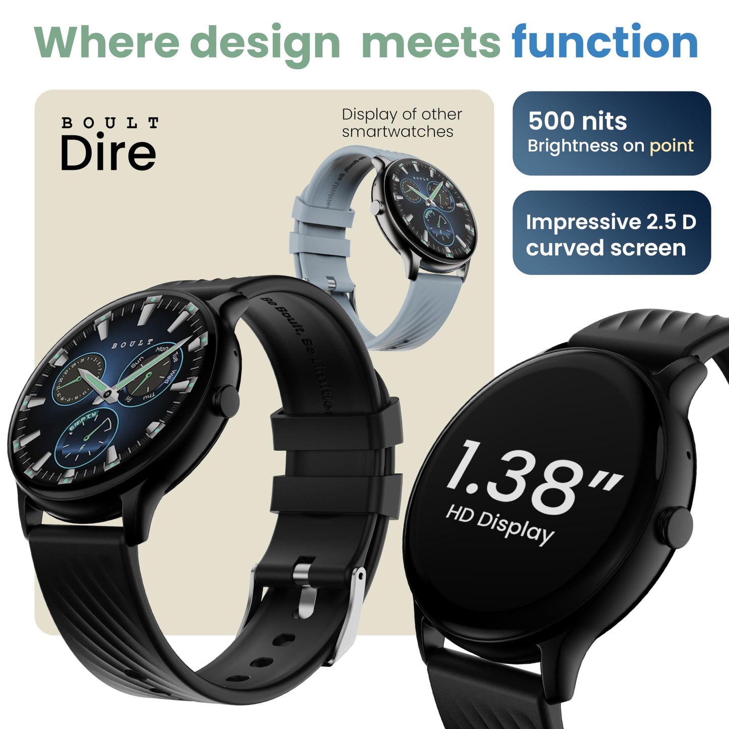Boult Newly Launched Dire Smartwatch 1.38'' 2.5D Curved HD Display, BT Calling, 500 Nits Brightness, IP67, 250+ Watchfaces, 120+ Sports Modes, AI Voice Assistant, SpO2 Monitoring (Pure Black)