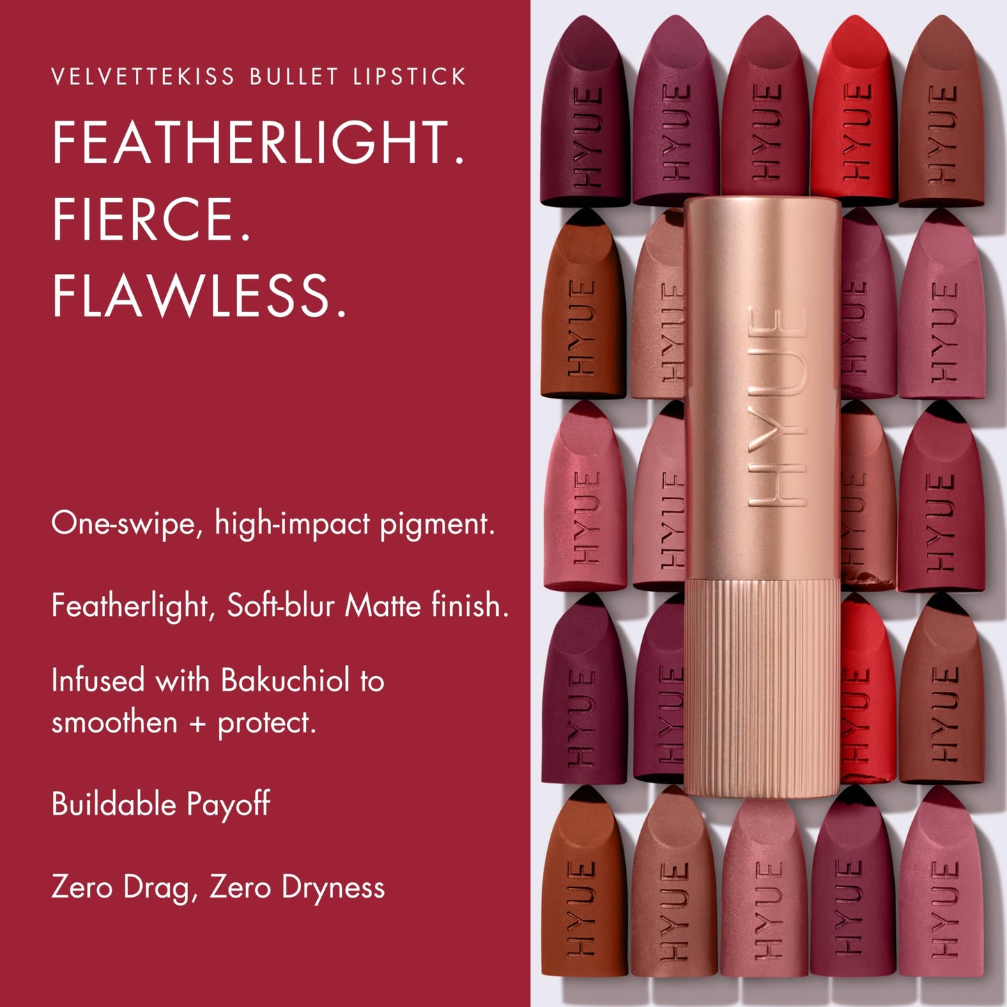 HYUE Velvet Kiss Matte Bullet Lipstick | Feather Light & Powder Matte Finish | Long-Wear Intense Color | With Jojoba, Almond & Gooseberry Extracts | Smudge-Proof, Travel-Friendly, Precision Tip | 12 Bold Shades