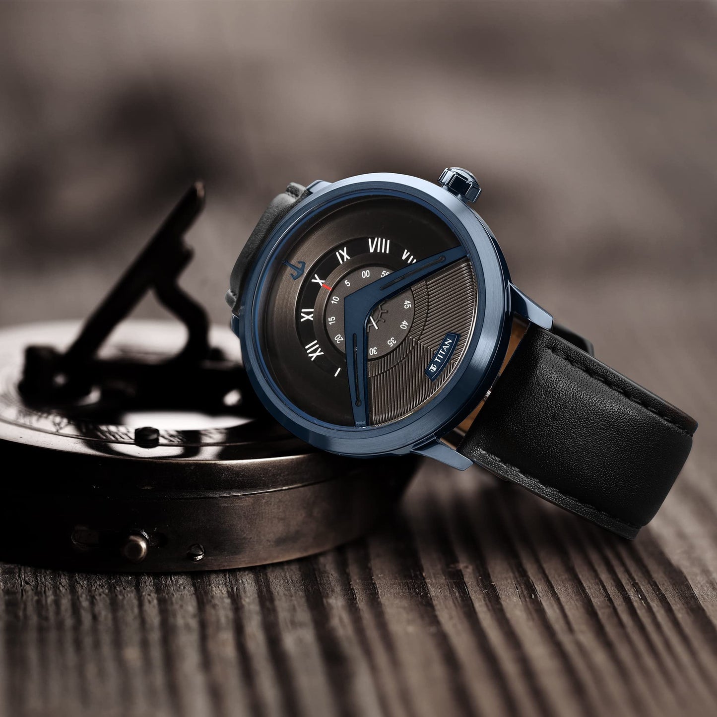 Titan Maritime Quartz Analog Black Dial Black Leather Strap Watch for Men - NT1828QL04