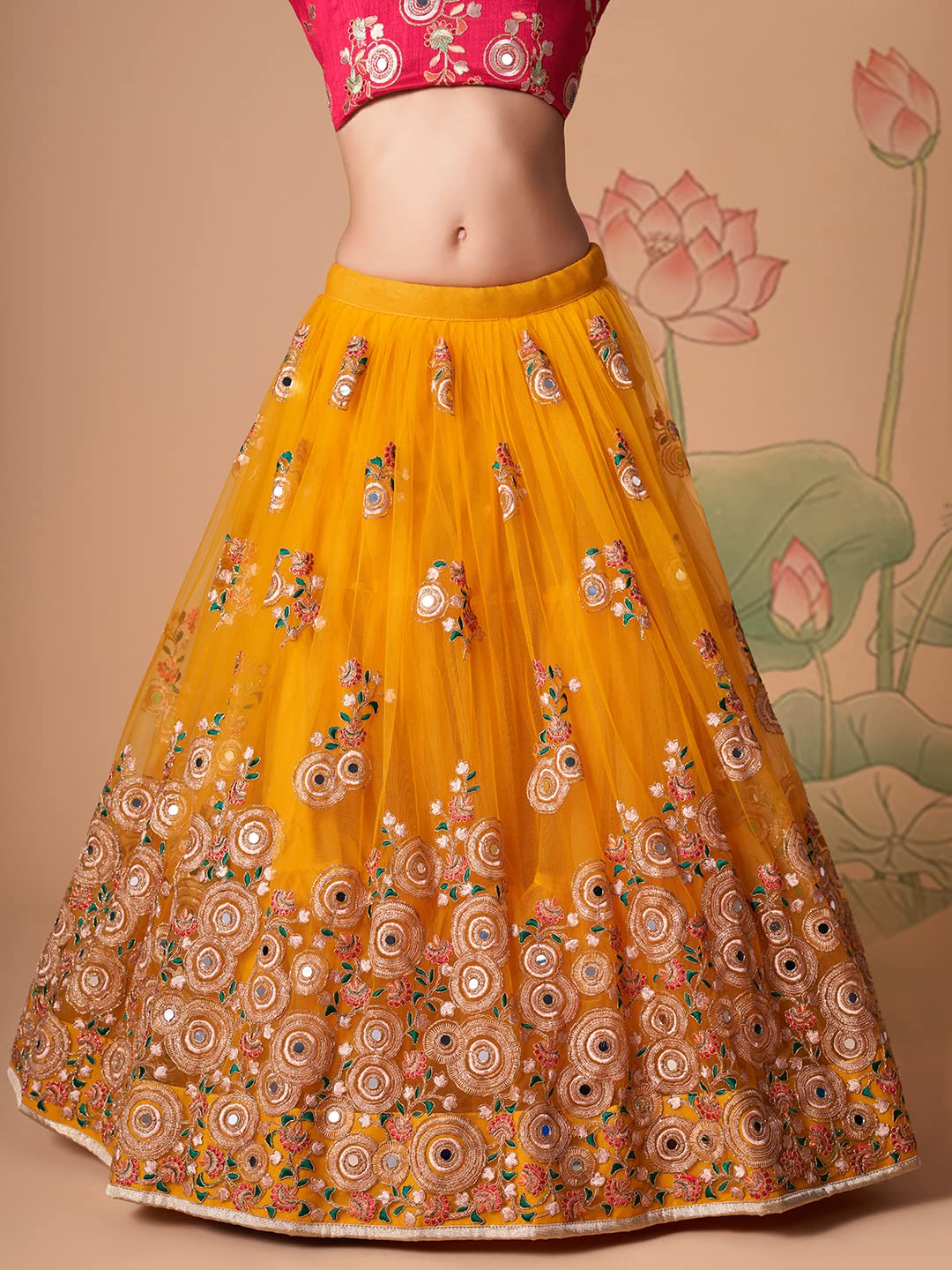 Zeel Clothing Women's Net Embroidered Semi-Stitched Bridal New Lehenga Choli with Dupatta (7324-Yellow-Wedding-Bridal-Latest; Free Size) (Yellow)