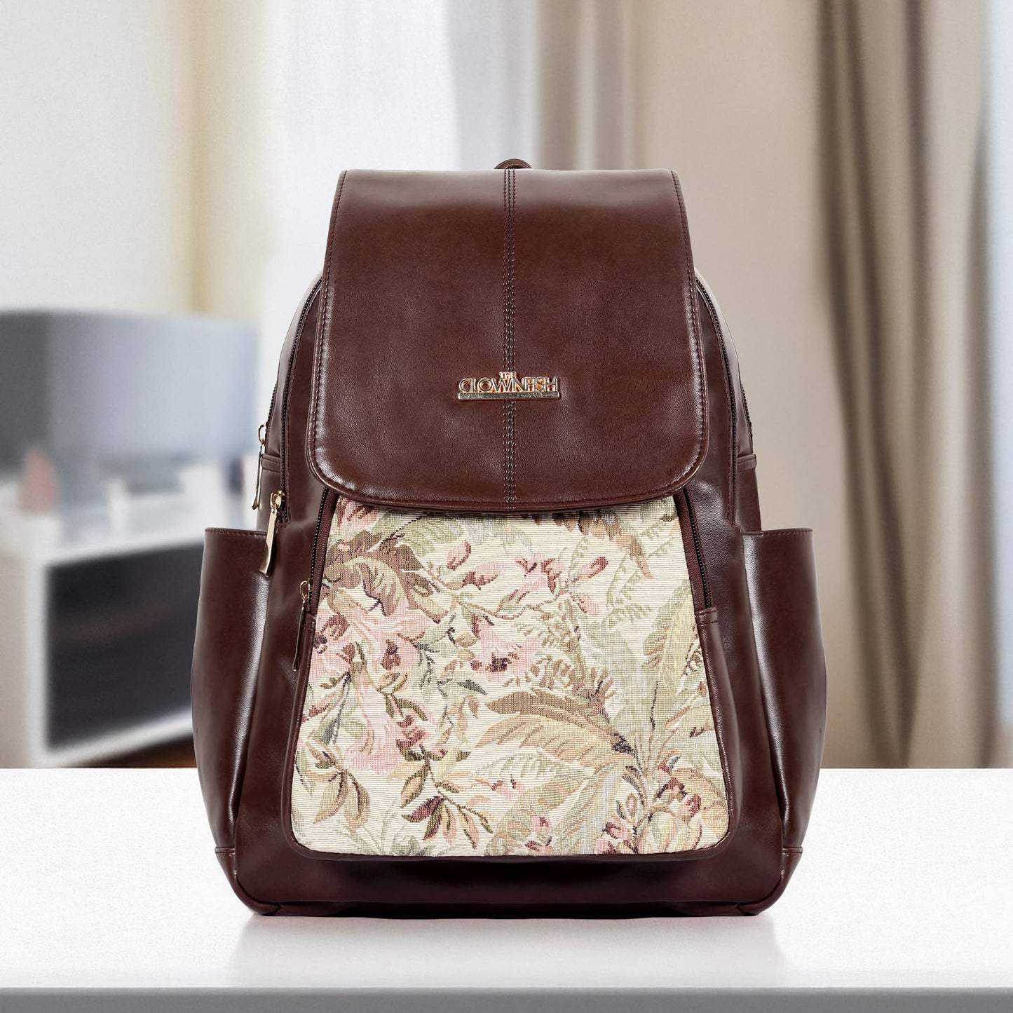 THE CLOWNFISH Minerva Faux Leather & Tapestry Women's Standard Backpack College School Bag Casual Travel Standard Backpack For Ladies Girls (Navyblue- Floral), 10 Litre