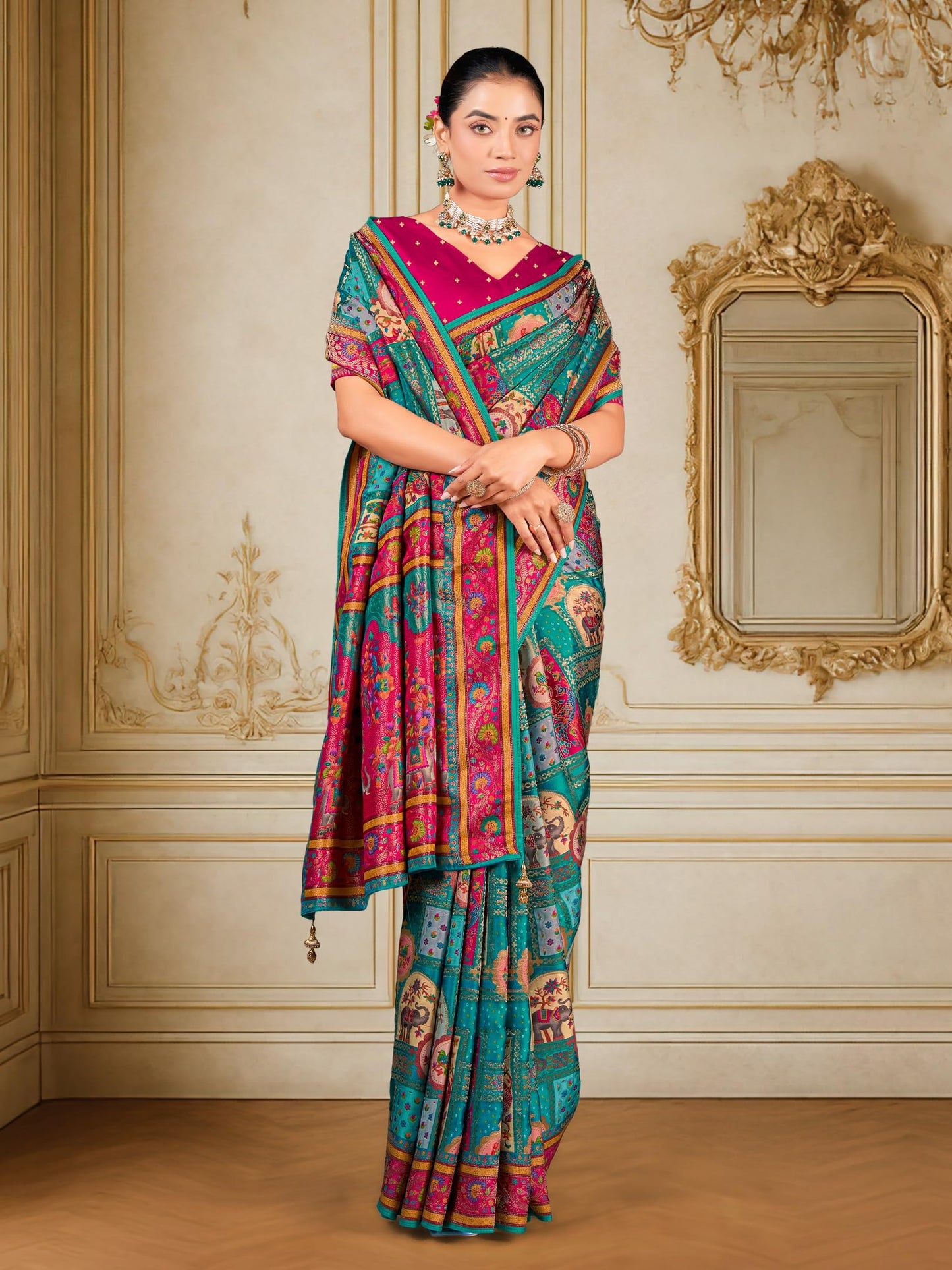 Glory Sarees Women’s Luxurious Dola Satin Pure Silk Original Saree Position Print Work Madhubani Inspired Motifs Banarasi Kanjivaram Style Saree With Blouse Piece (Elegant104_Rama)