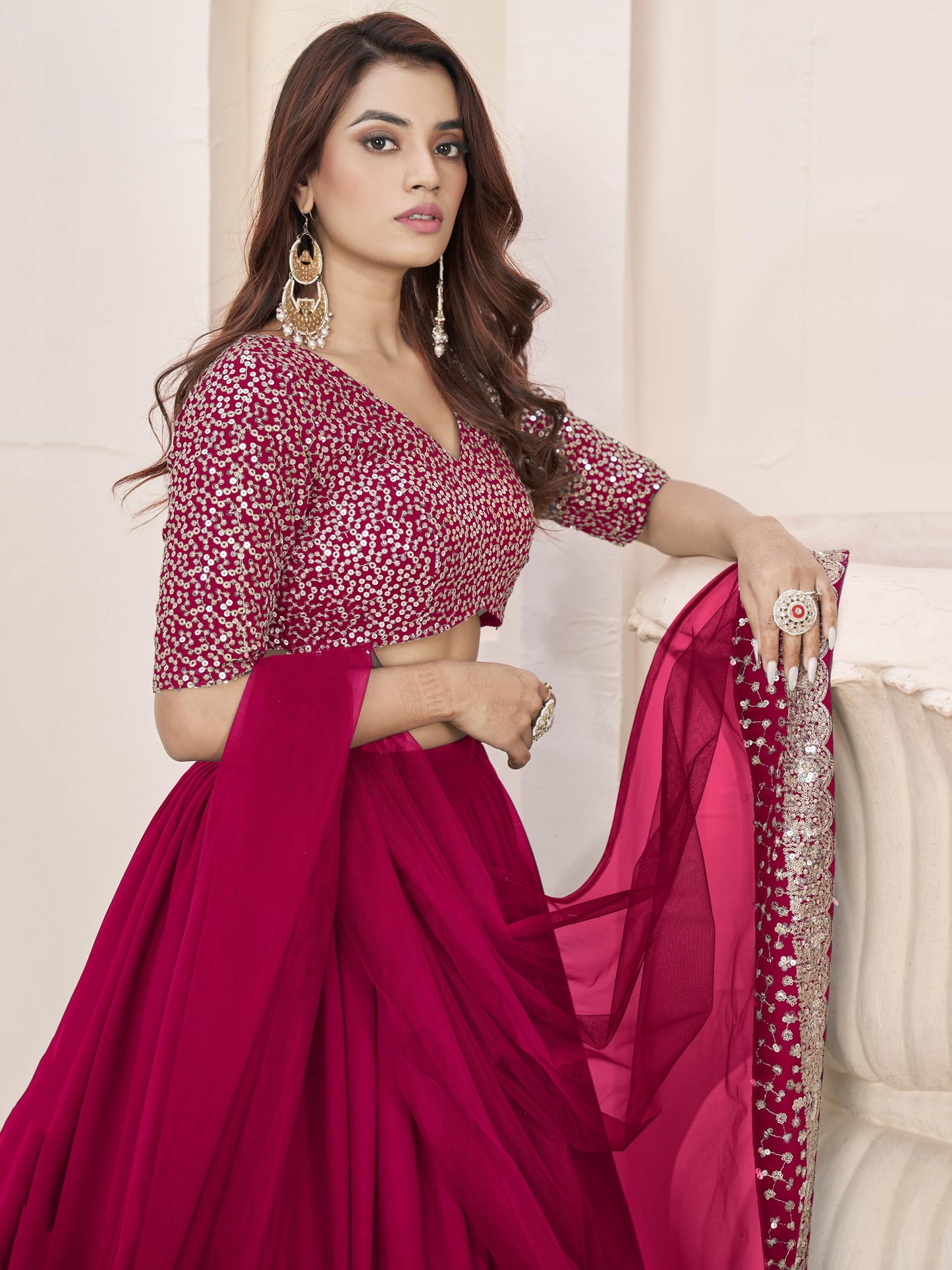 Zeel Clothing Women Georgette Semi-Stitched Sequins Embroidered New Lehenga Choli with Dupatta (5066-Pink- -Lehenga-Choli-Latest; Free Size) (Pink)