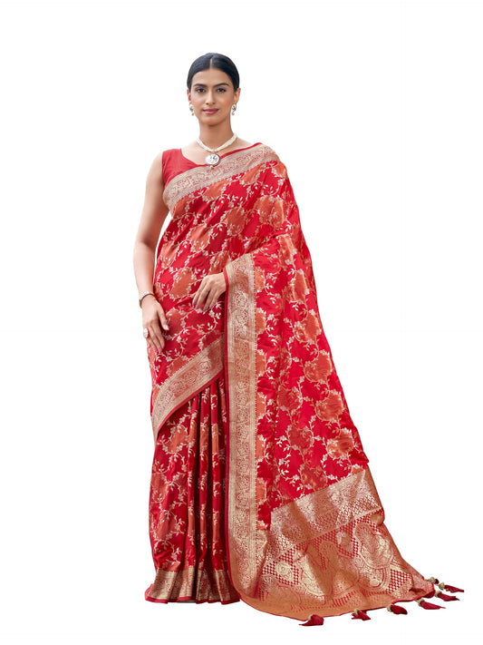 MANOHARI Women's Most Trendy Banarasi Satin Silk Woven Vibrant Red Saree With Heavy Jacquard Work Saree With Blouse Piece_MN2050
