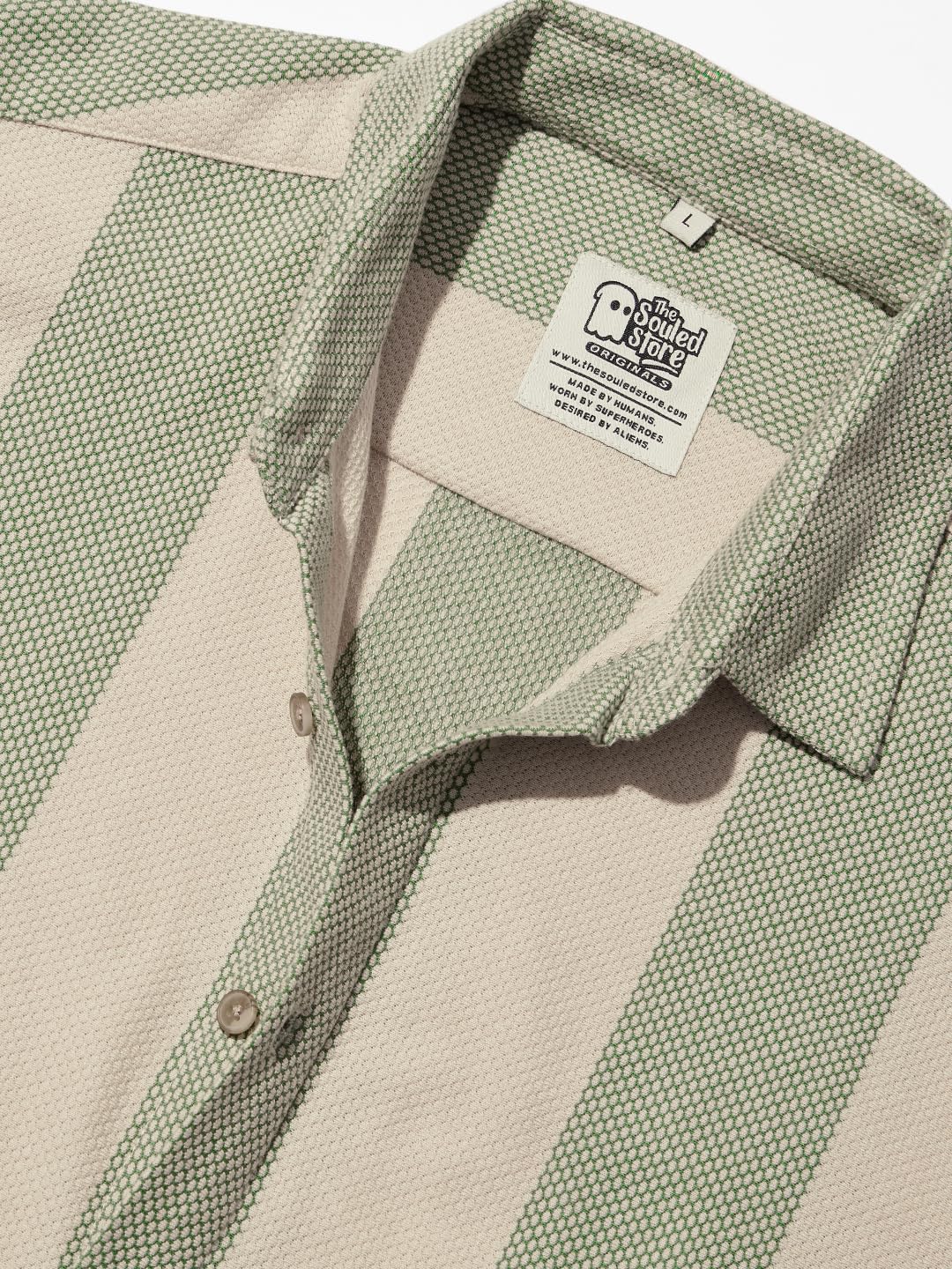 The Souled Store Stripes: Sage Men and Boys Short Sleeves Collared Neck Button Front Regular Fit Cotton Shirt