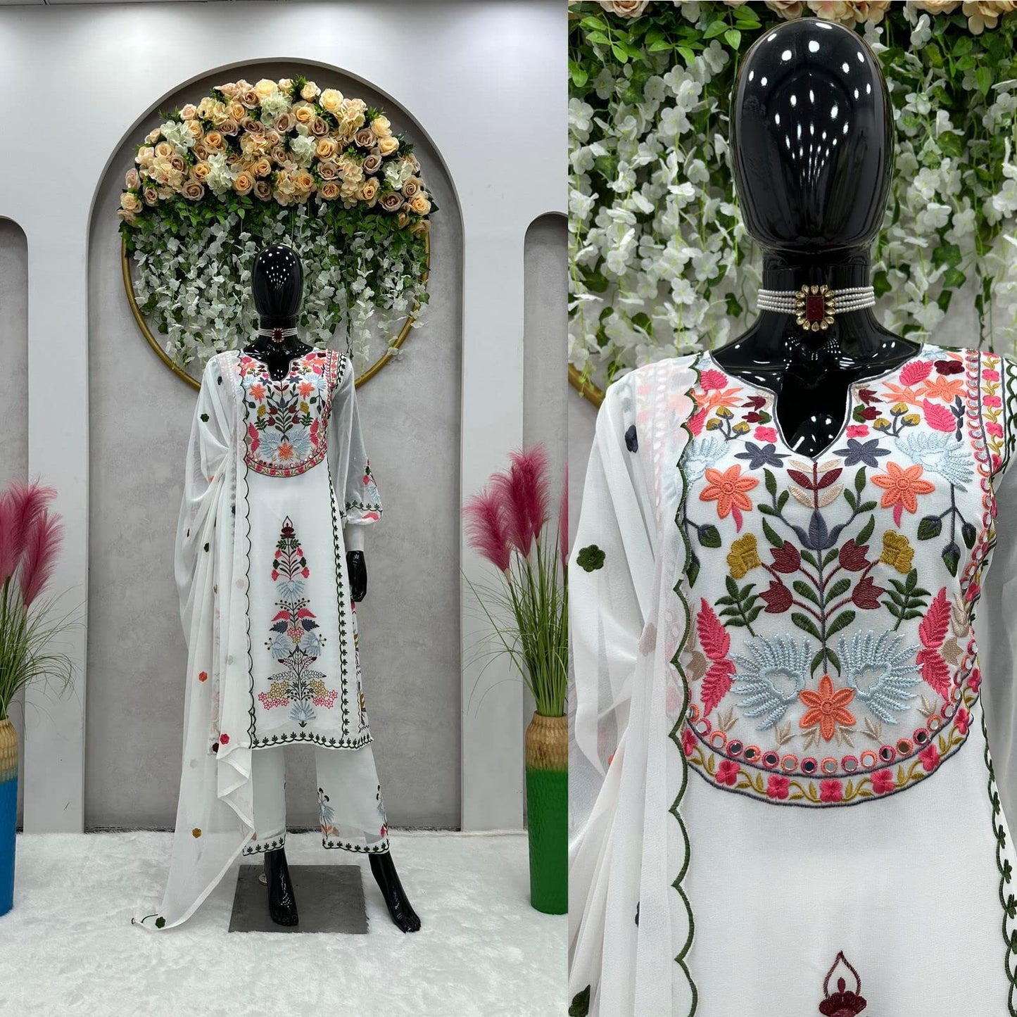 YAZU Women's Georgette Hand Embroidered White Kurta Set with Dupatta | Readymade Kurta with Palazzo Set (Large, White)