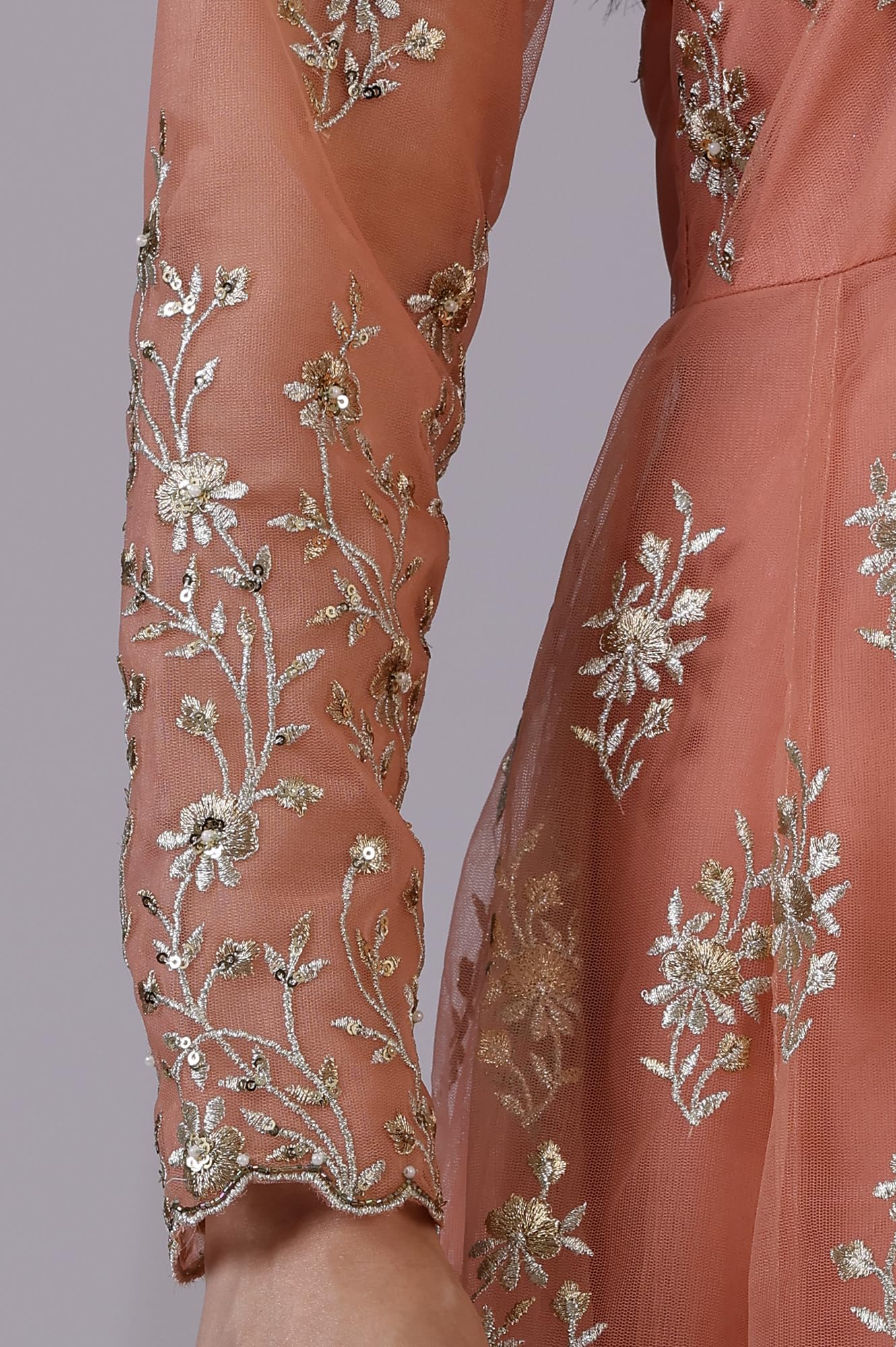 W for Woman Peach and Green Ombre Heavy Metallic Embroidered Layered Dress and Dupatta Set (Size: L)-24AUSP11987-400734