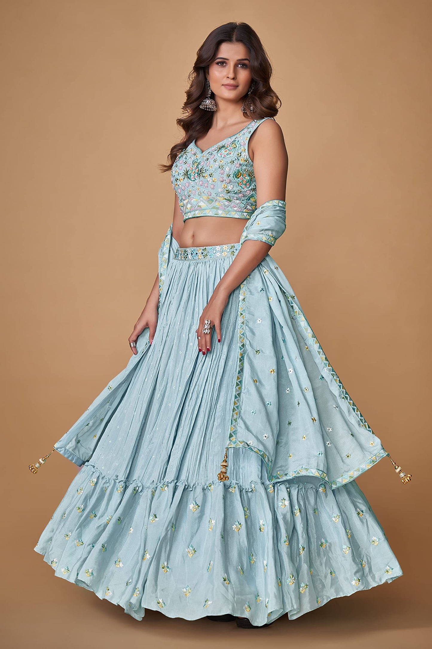 FUSIONIC Sequins With Pearl Powder Blue Ruffle Lehenga