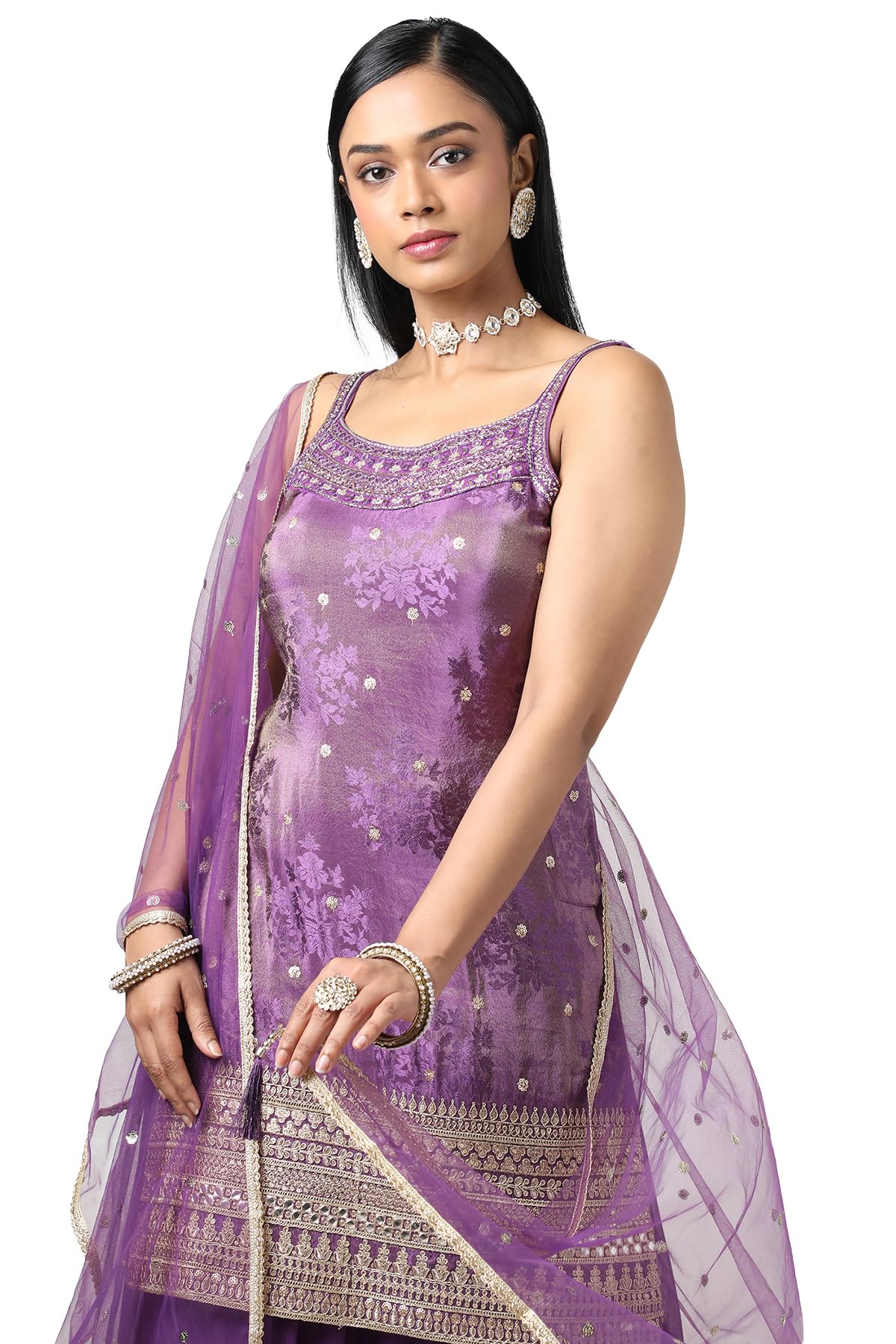 Soch Womens Purple Tissue Embroidered Suit Set with Sequins