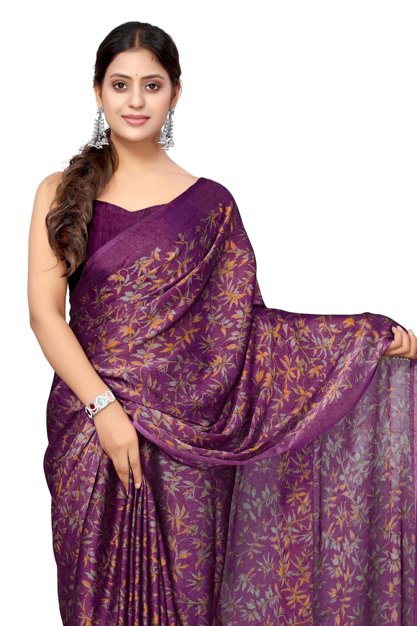 MIRCHI FASHION Women's Chiffon Floral Printed Saree with Blouse Piece (60452 - Dark Wine, Rust)