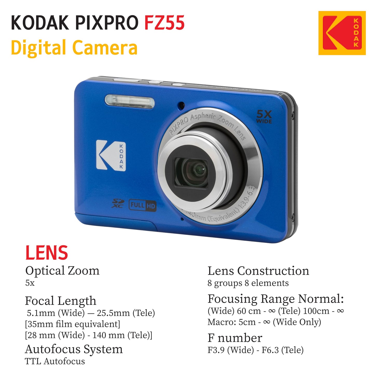 KODAK PIXPRO FZ55 16MP Digital Point & Shoot Camera, 5X Optical Zoom, 28mm Wide Angle, 1080P Full HD Video, Bundle with 32GB SD Card, Protective Case, and Hi-Speed Card Reader (Blue)