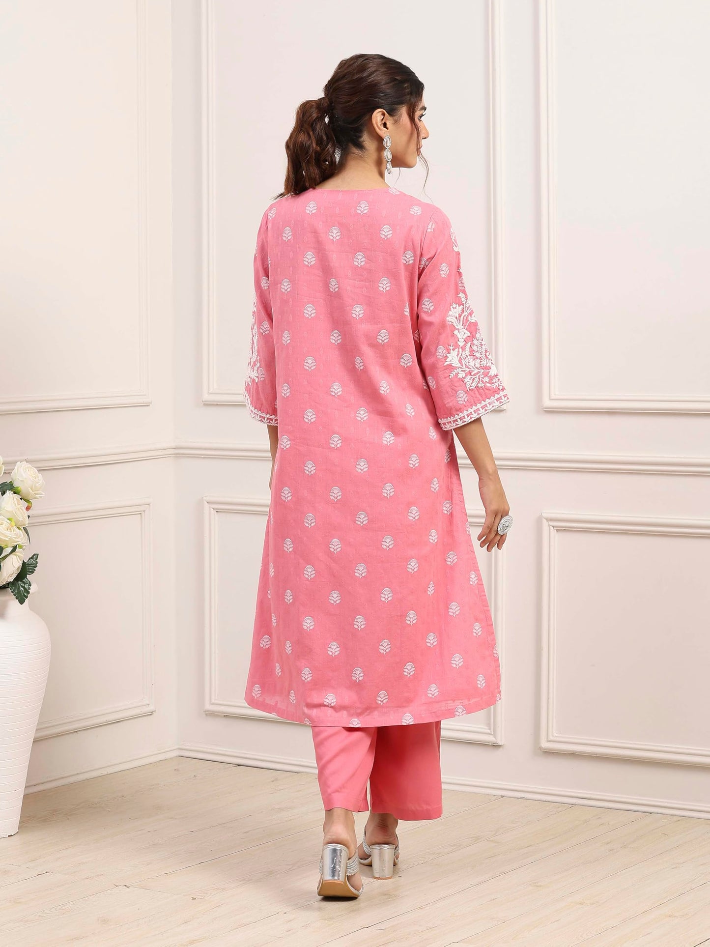 Biba Women Pink Cotton Straight Suit Set_36