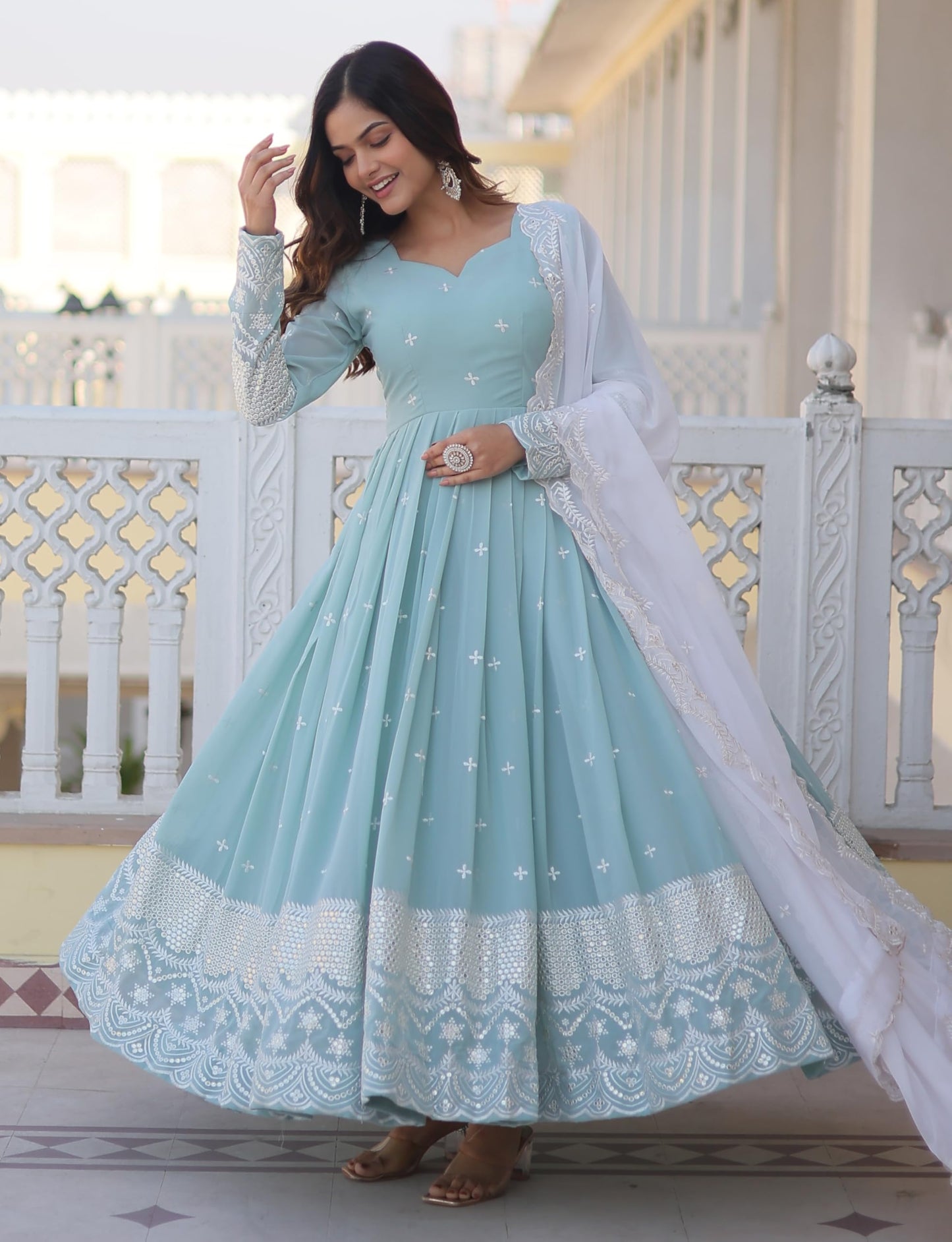 Fashion Basket Blue Women's Faux Georgette Anarkali Gown with Dupatta (Large)