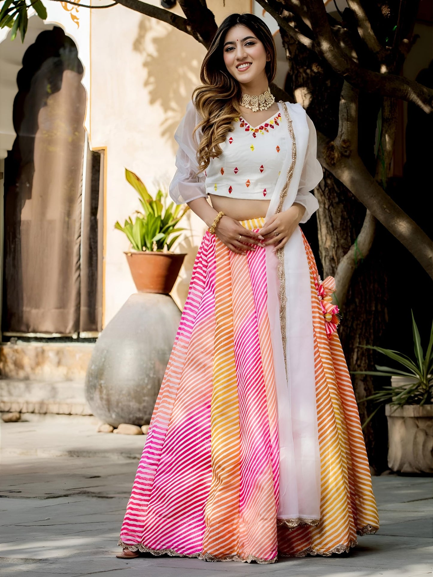 Zeel Clothing Womens Faux Silk Lehenga Choli Semi-Stitched White Wedding Girlish Latest Free Size