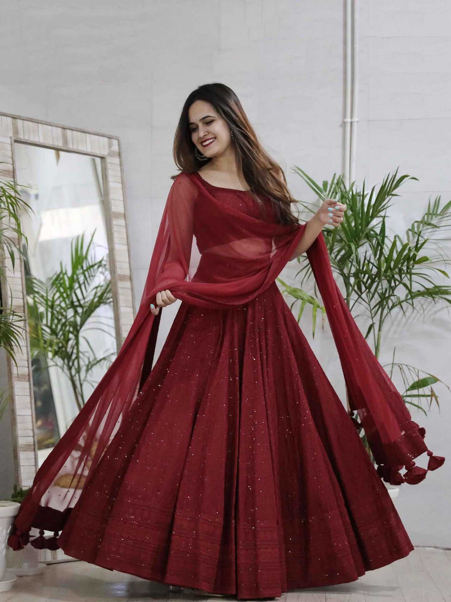 Zeel Clothing Women's Sequins Thread Embroidered Georgette Semi-Stitched Lehenga Choli With Dupatta (5124-Maroon-Women-Lehenga-Choli-Latest,Free Size)