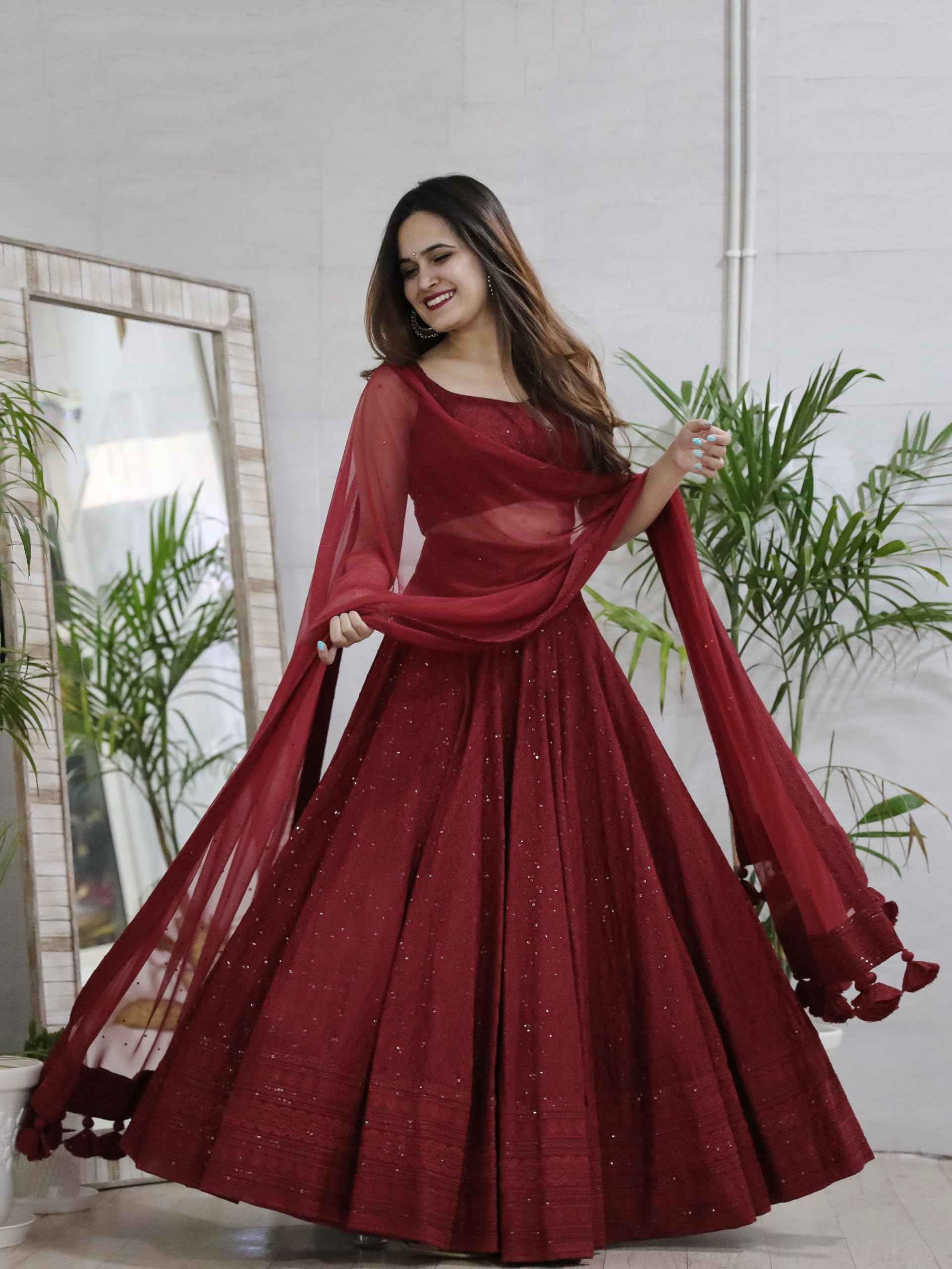 Zeel Clothing Women's Sequins Thread Embroidered Georgette Semi-Stitched Lehenga Choli With Dupatta (5124-Maroon-Women-Lehenga-Choli-Latest,Free Size)