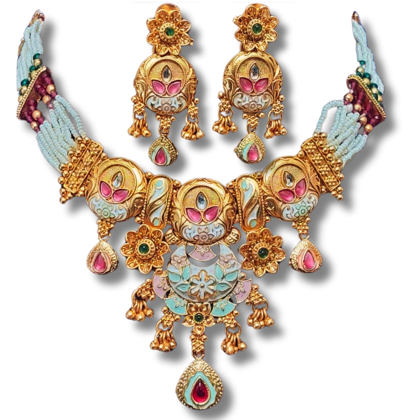 Achyut The Infalliable Women's Rajwadi Gold Plated Chik Necklace Set with Earrings - Rajwadi Floral Design Chokor Motimala Jewellery for Girls pink and green