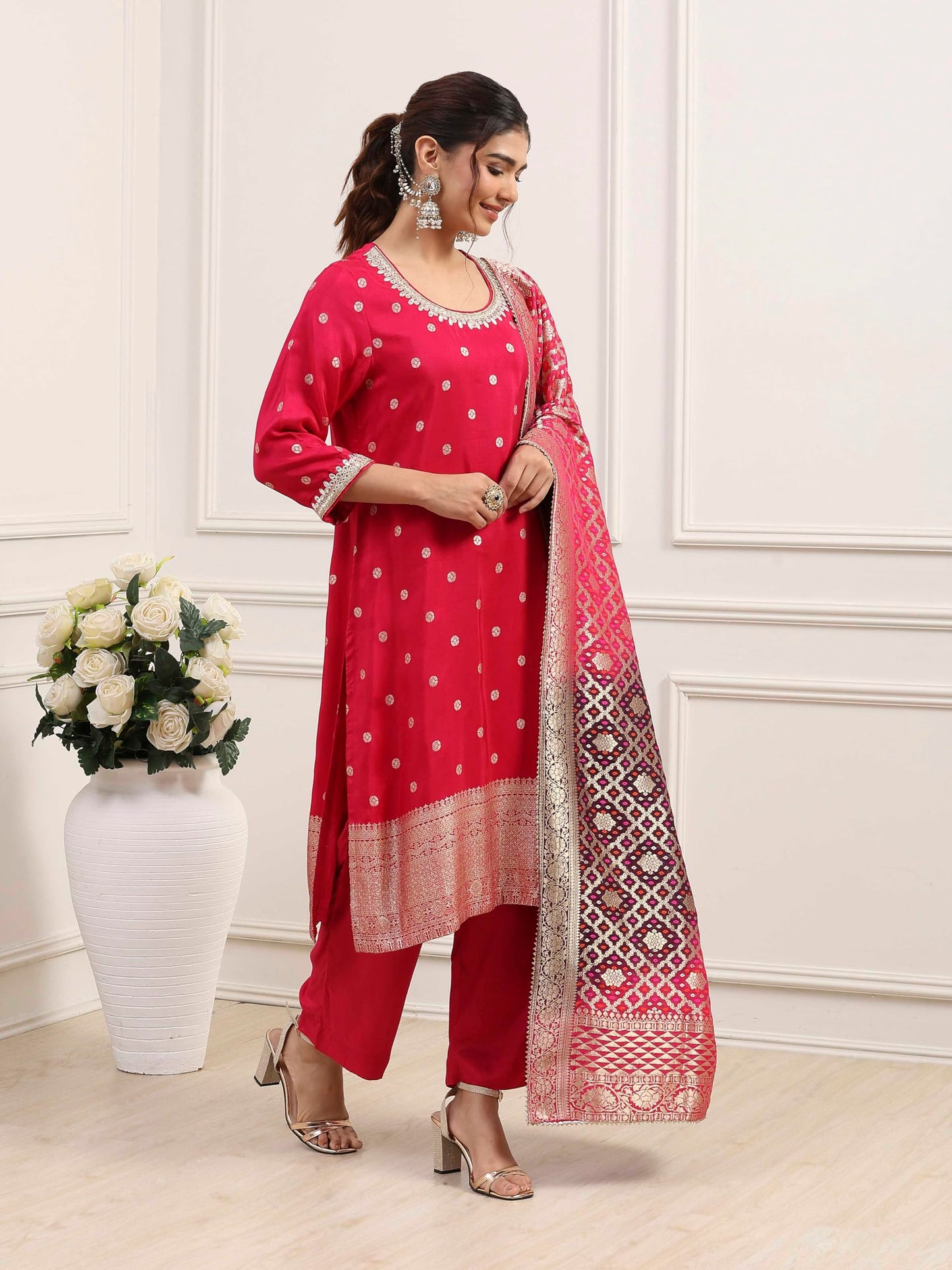 Biba Women Pink Viscose Rayon Straight Suit Set_38