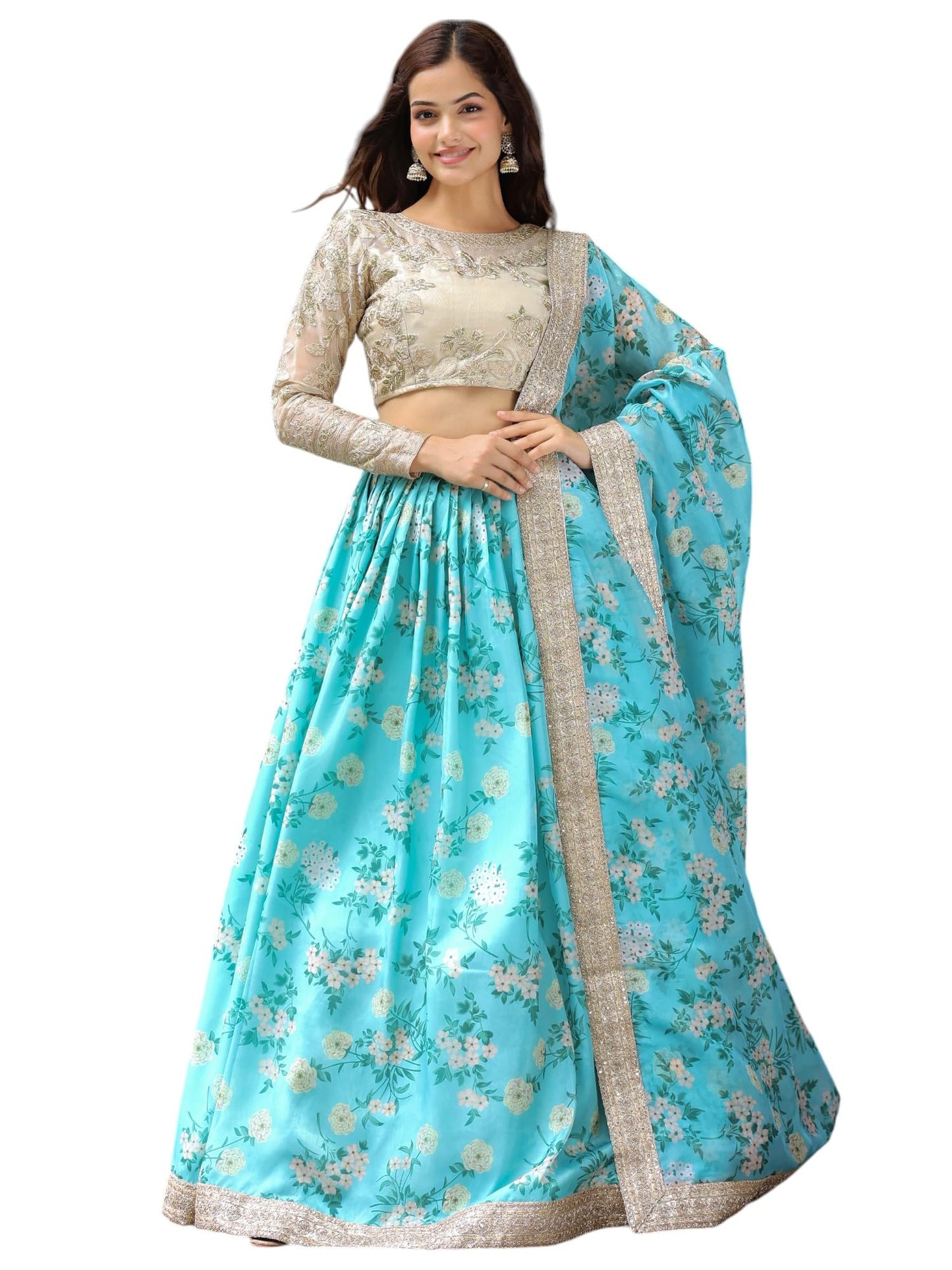 Zeel Clothing Women's Digital Print & Dori, Zari, and Sequins Embroidery Work Organza Lehenga Choli With Dupatta (7606-SkyBlue-Wedding-Women-Lehenga-Choli, Free Size) (SkyBlue)