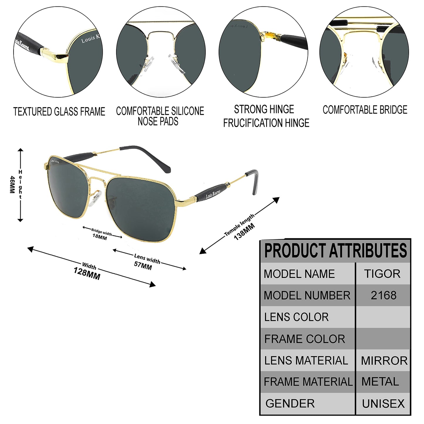 Louis Kouros Tigor Square Classic 1208-2168 sunglasses | Gold Frame | Black Lens | Mirror Lens | 400 UV Protected | For Men & Women| Medium