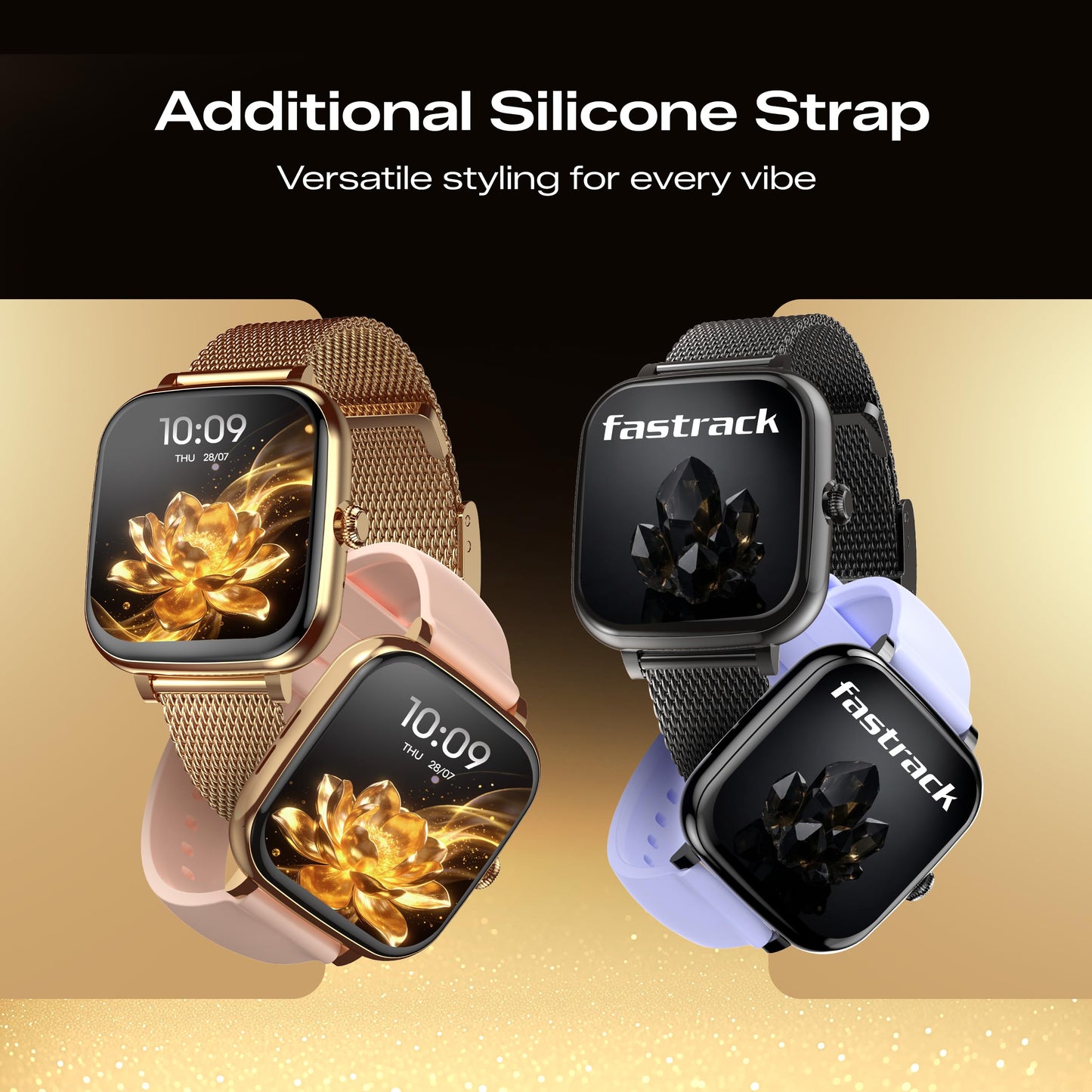Fastrack Noir Rizz Women Smart Watch with 1.72" inch Ultra HD Display,Womens Health,AI Watchface & AI Chat,Functional Crown,24/7 Health Suite,BT Calling,IP68,additional silicone strap,Games- Rose Gold