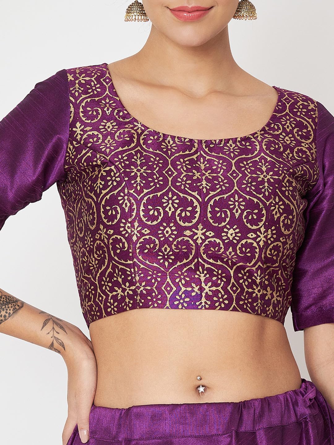 studio rasa Women's Dupion Hand Block Printed Bias Lehenga Set for Wedding Festive Party (LHSC52403XL_Purple_X-Large)