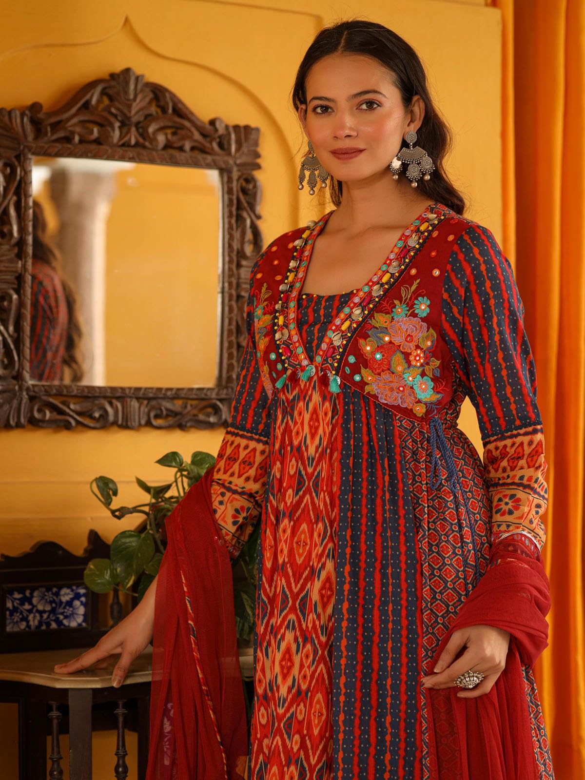 Juniper Rust Pure Cotton Ikat Printed Alia Cut Anarkali Kurta Set With Tassels & Thread Embroidery