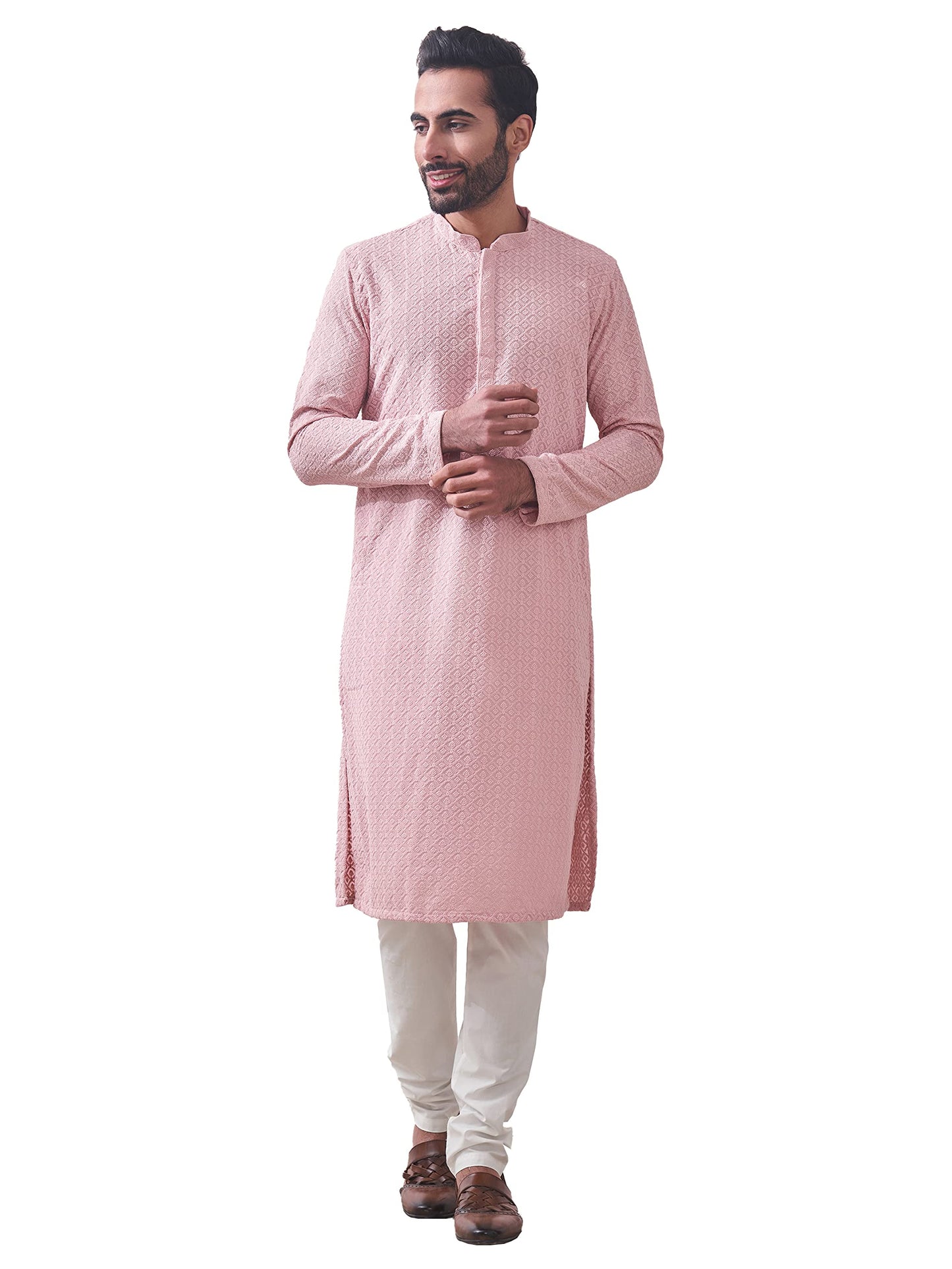 Manyavar Pink Blended Cotton Full Sleeve Kurta Set | Traditional Kurta Set For Men (M)