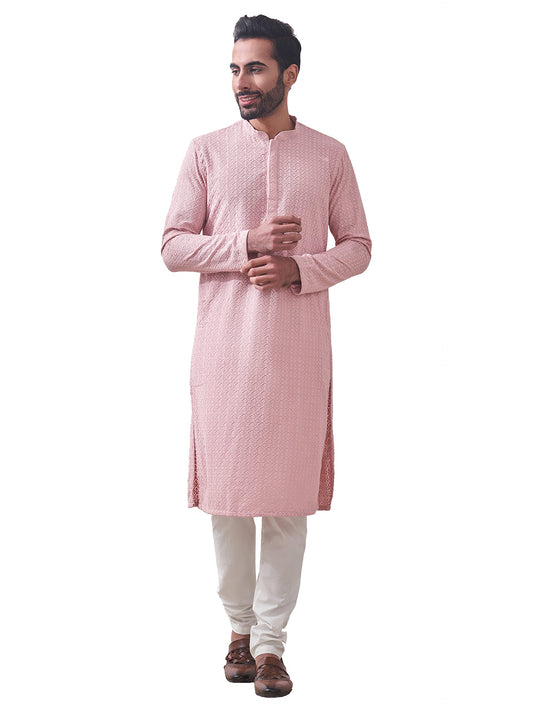 Manyavar Pink Blended Cotton Full Sleeve Kurta Set | Traditional Kurta Set For Men (M)
