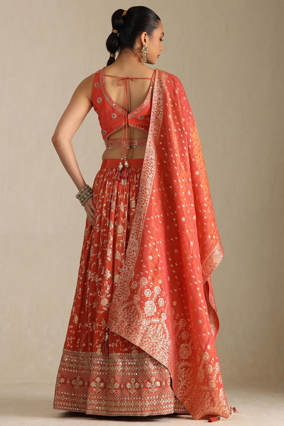 Soch Womens Orange Viscose Embroidered Ghagra Choli With Sequins